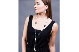 White and Peacock Blue Freshwater Baroque Pearl Lariat Long Necklace-Pearl Rack
