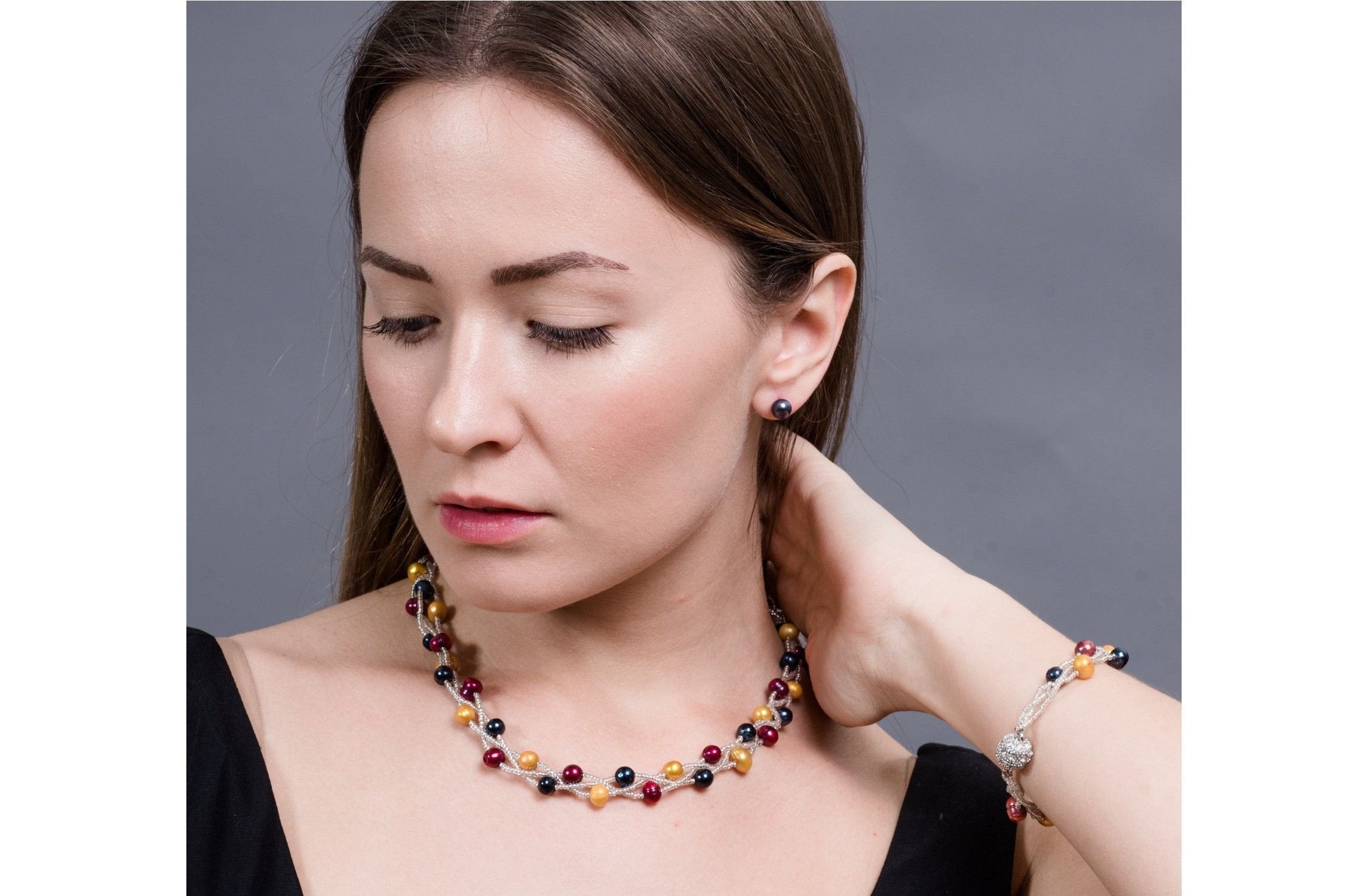 Multi-Color Braided Freshwater Pearl Necklace and Bracelet Set 7mm-Pearl Rack
