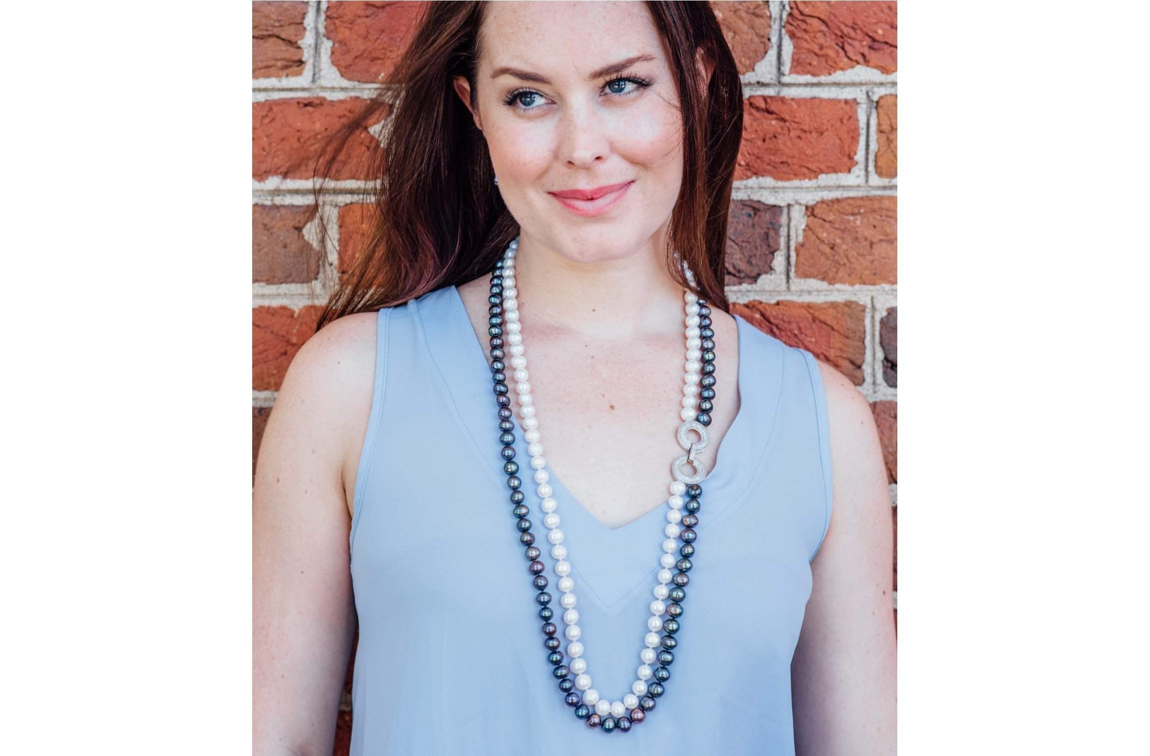 Double Strand Long White and Peacock Blue Freshwater Pearl Necklace 10mm-Pearl Rack