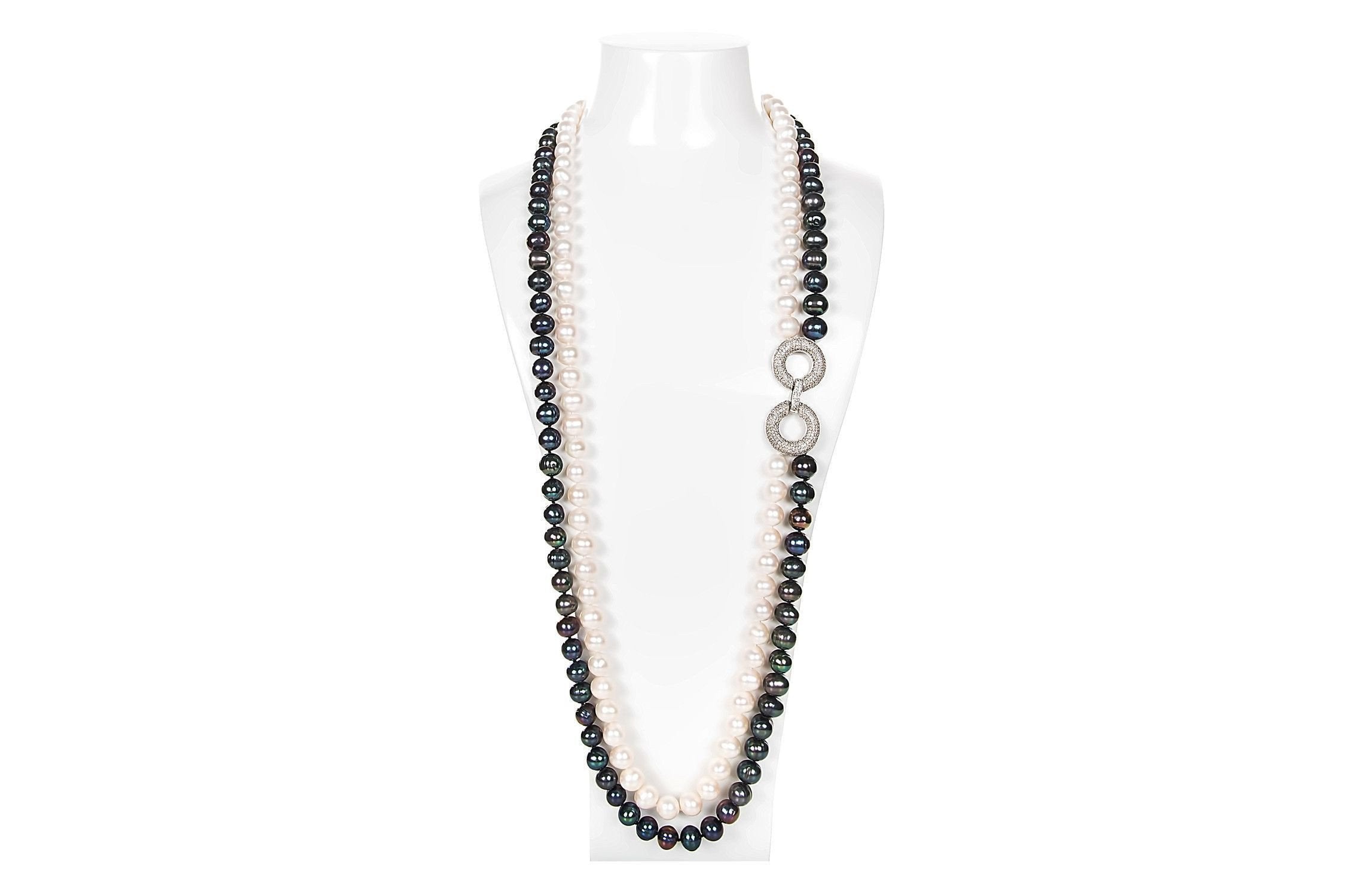 Double Strand Long White and Peacock Blue Freshwater Pearl Necklace 10mm-Pearl Rack