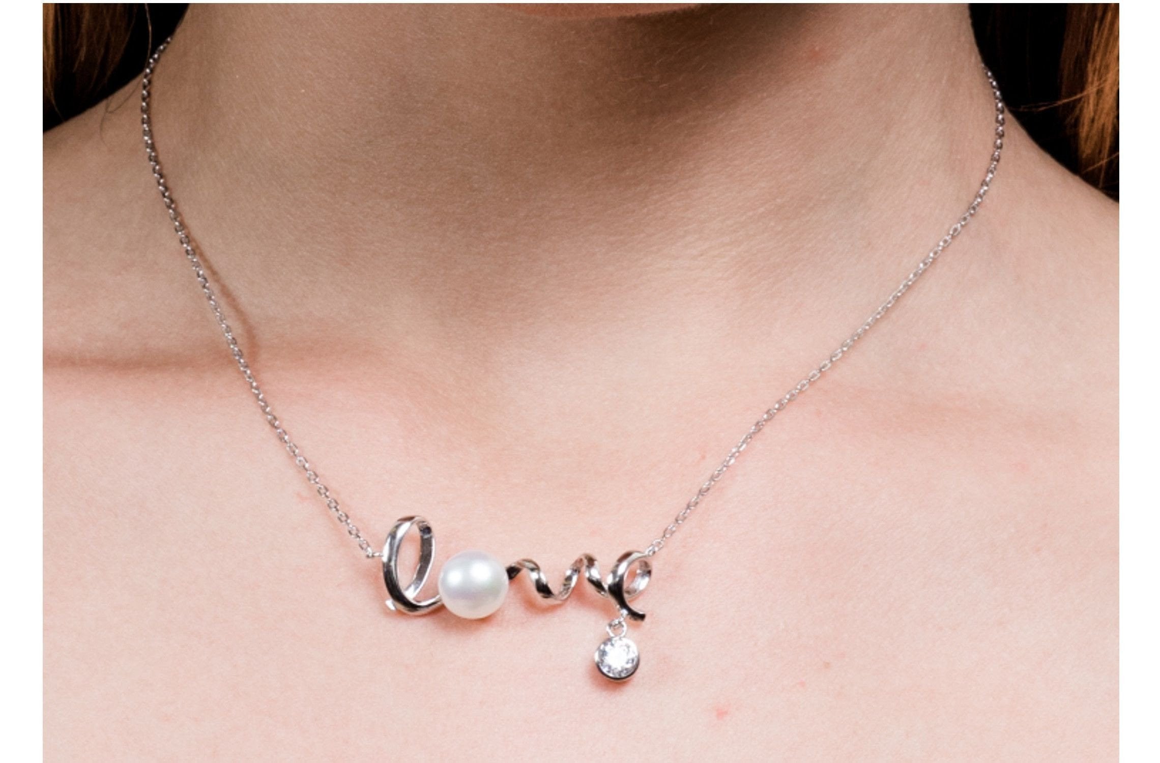 Freshwater Pearl LOVE Sterling Silver (925) Chain Pendant Necklace 9mm-Pearl Rack