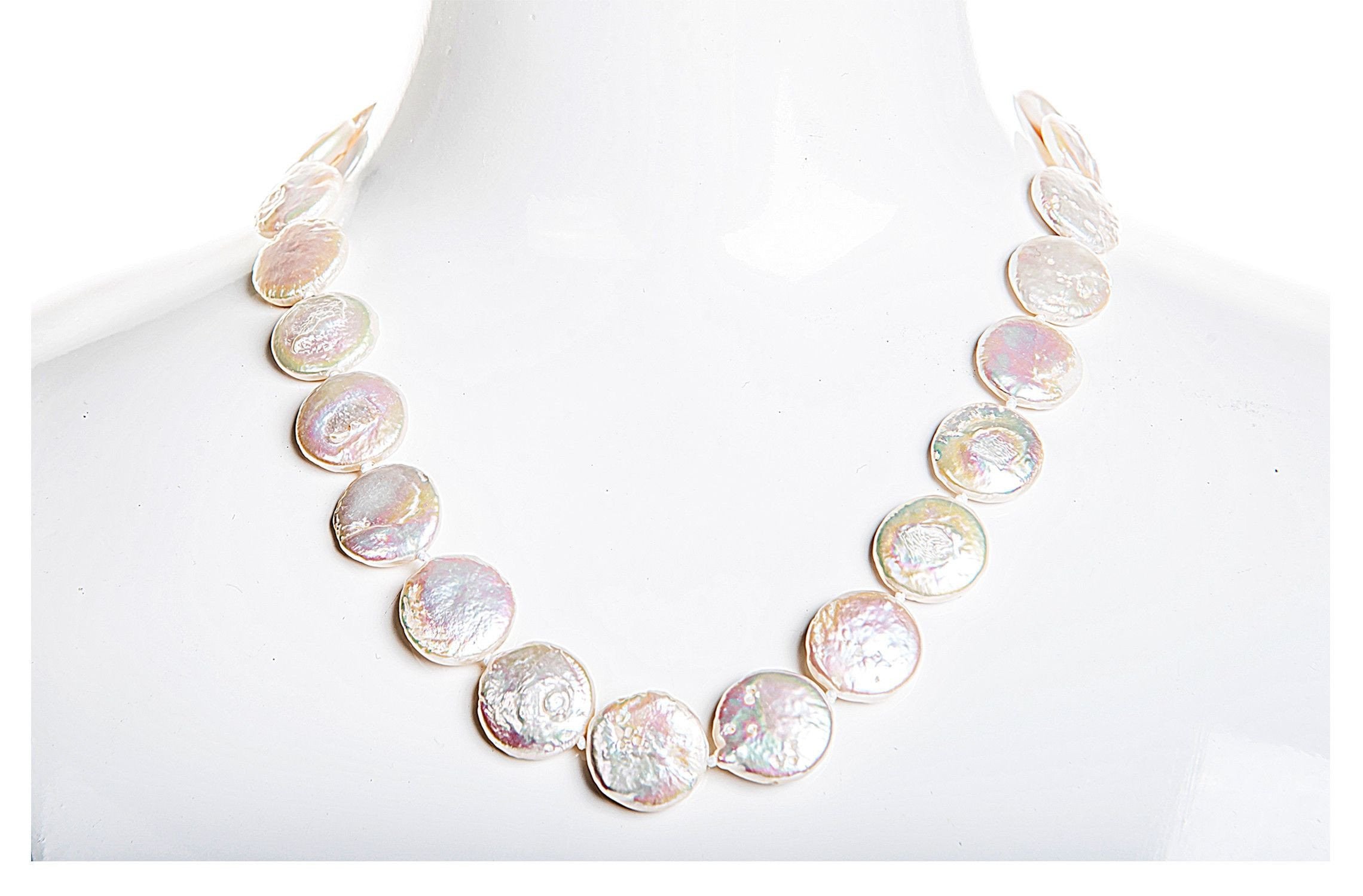 Single Strand White Freshwater Coin Pearl Necklace 14-15mm-Pearl Rack