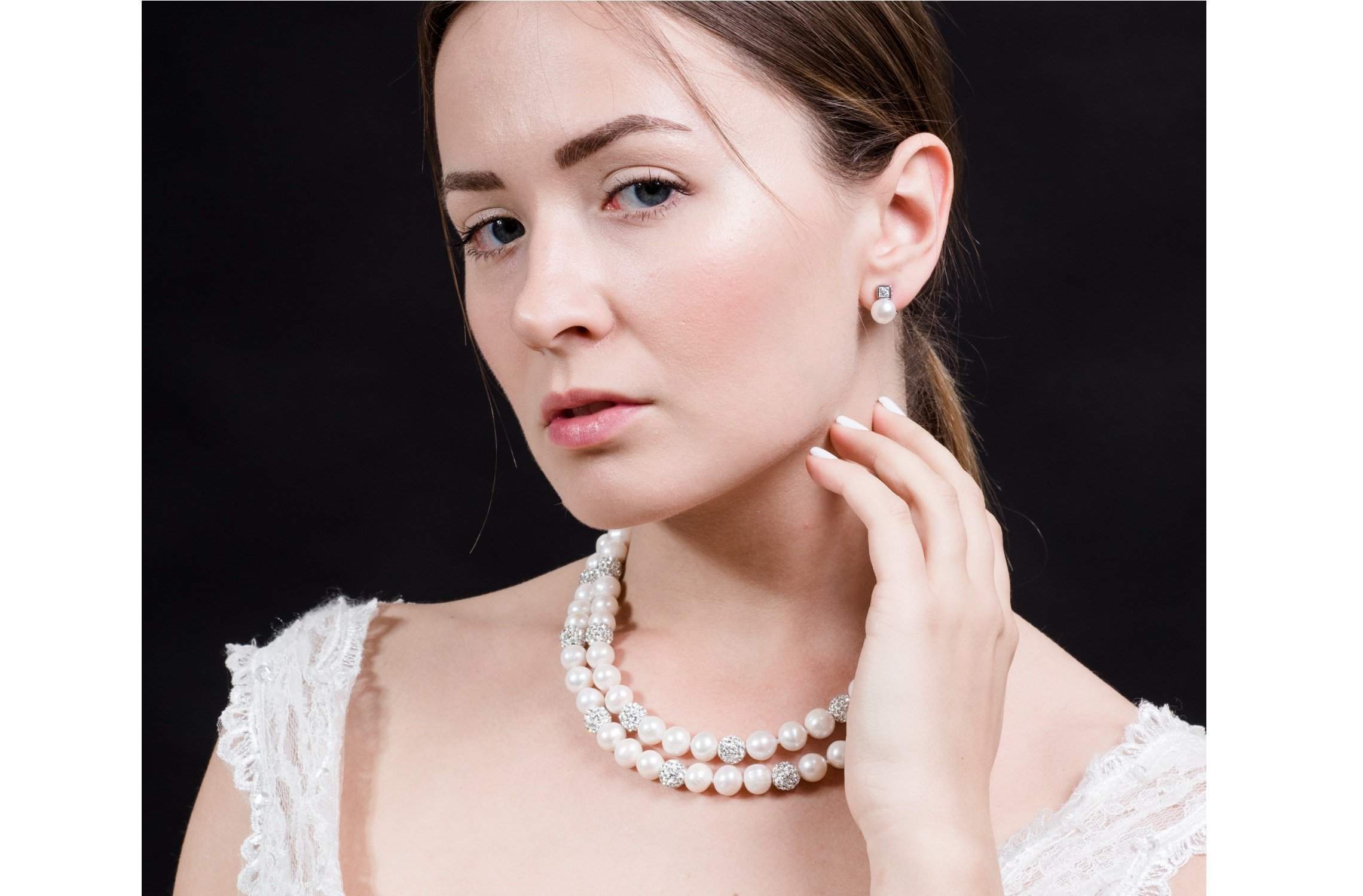 10mm White Double Strand Layer Freshwater Pearl and Crystal Necklace-Pearl Rack