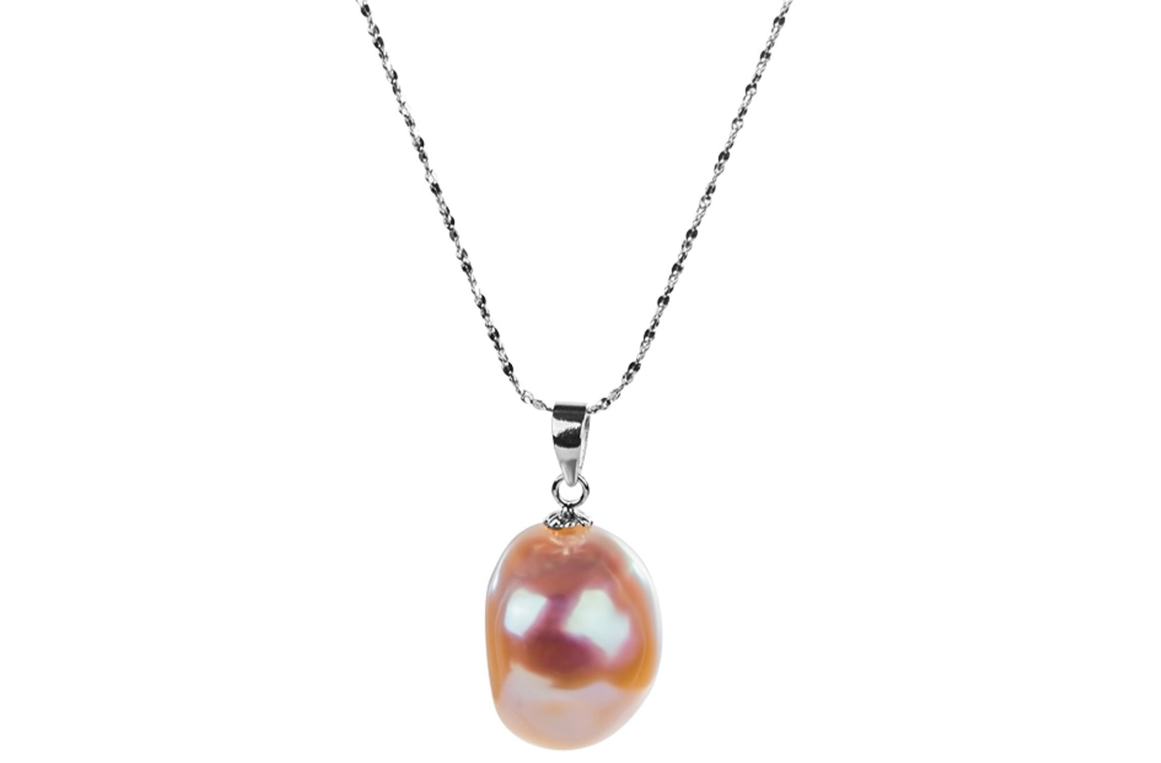 Irregular Peach Freshwater Pearl Pendant and Sterling Silver (925) Chain Necklace 13mm-Pearl Rack