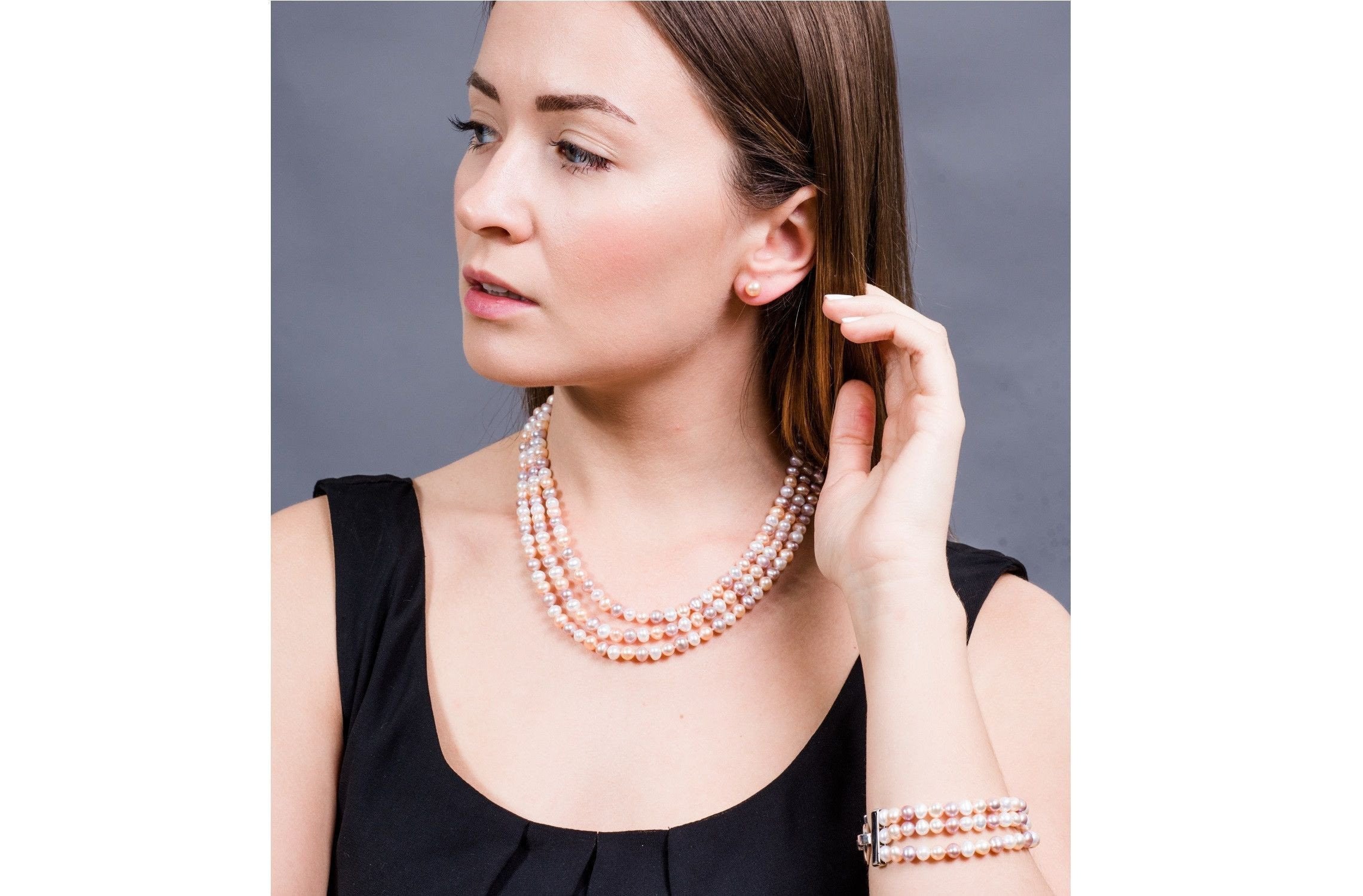 Multi-Color Triple Strand Freshwater Pearl Necklace and Bracelet Set 6-7mm-Pearl Rack