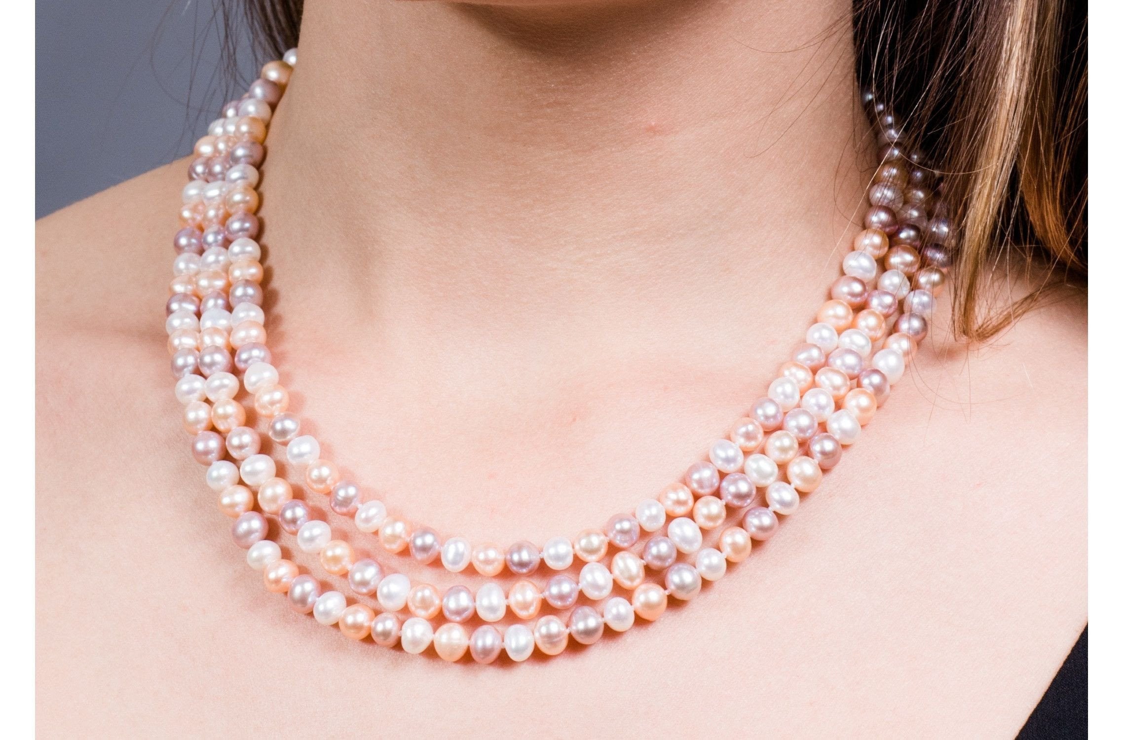 Multi-Color Triple Strand Layer Freshwater Pearl Necklace 6-7mm-Pearl Rack