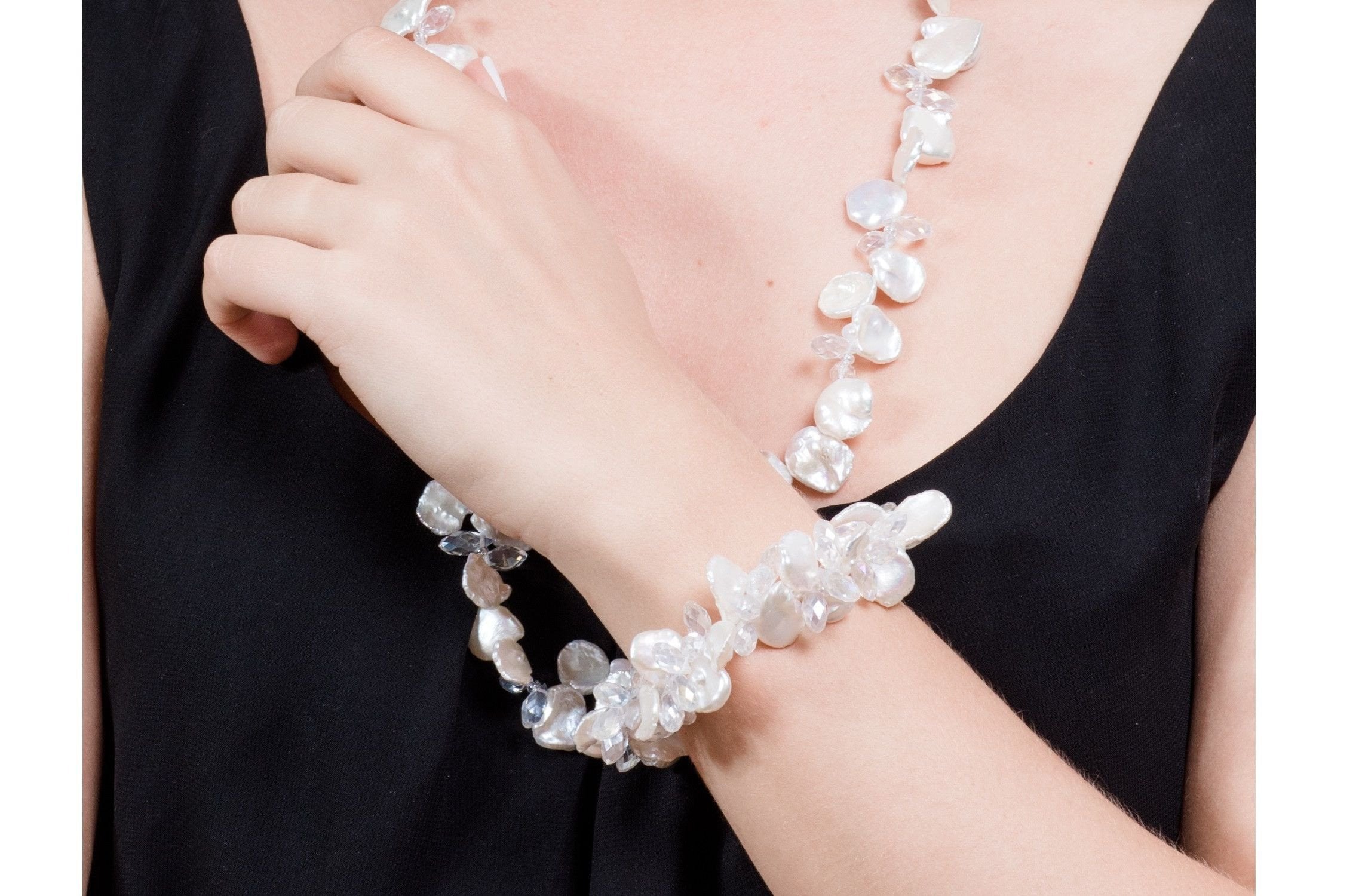 White Freshwater Keshi Pearl with Crystal Necklace and Bracelet Set-Pearl Rack