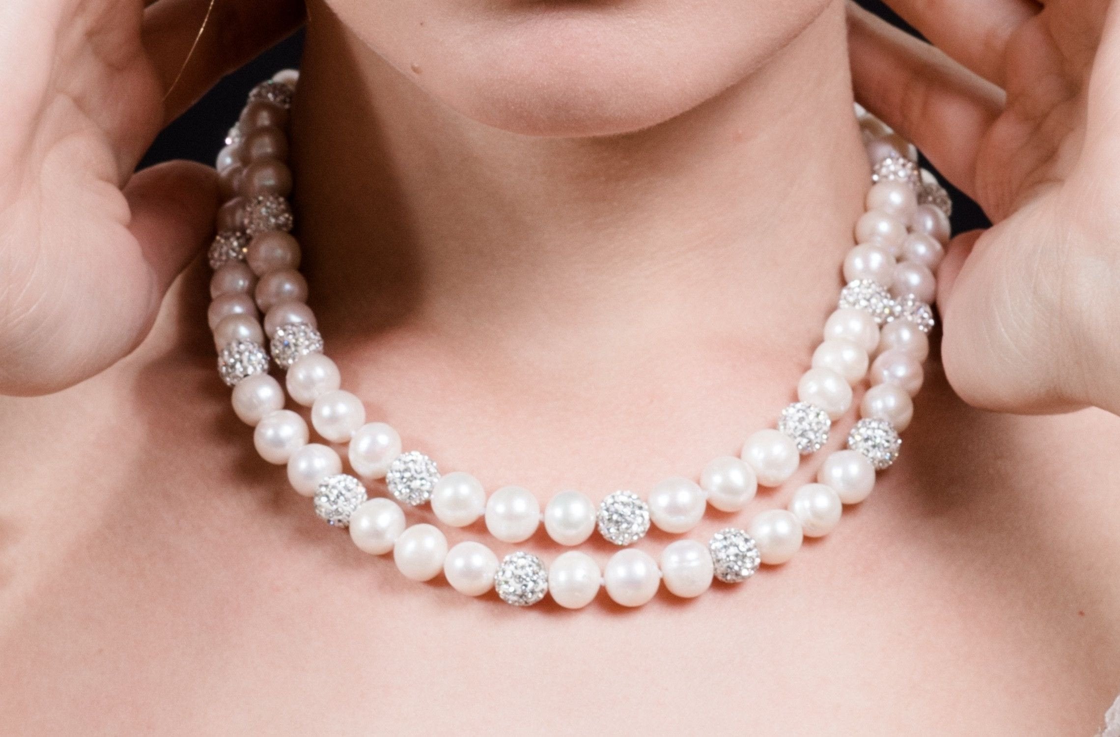 10mm White Double Strand Layer Freshwater Pearl and Crystal Necklace-Pearl Rack