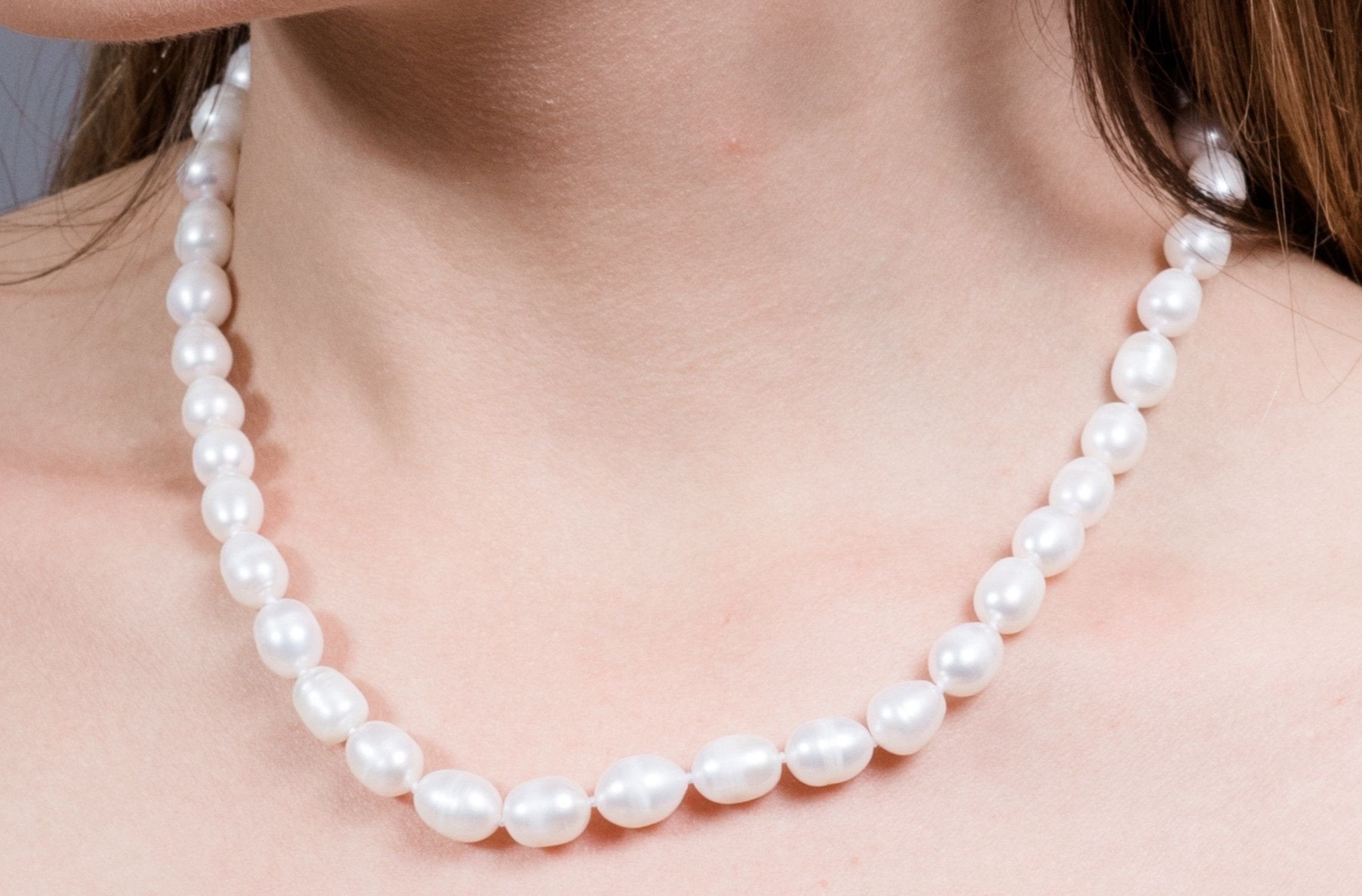 Single Strand Rice Shape White Freshwater Pearl Necklace 11mmx13mm-Pearl Rack