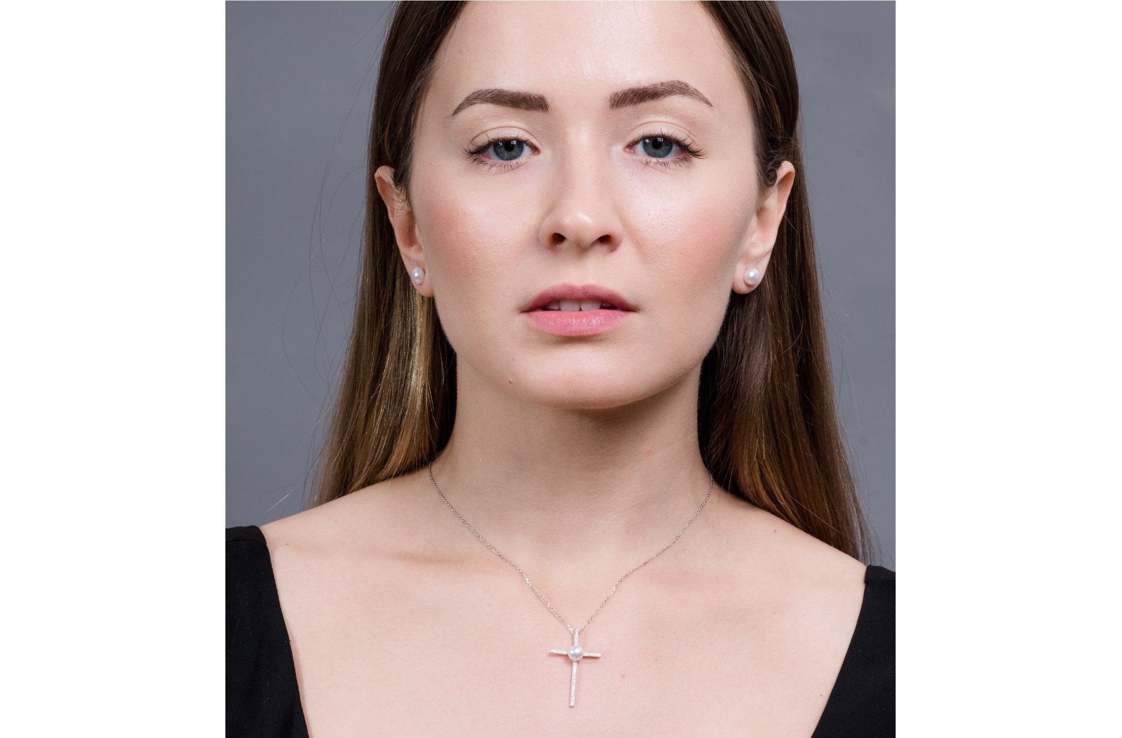 Freshwater Pearl Cross Pendant Chain Necklace-Pearl Rack