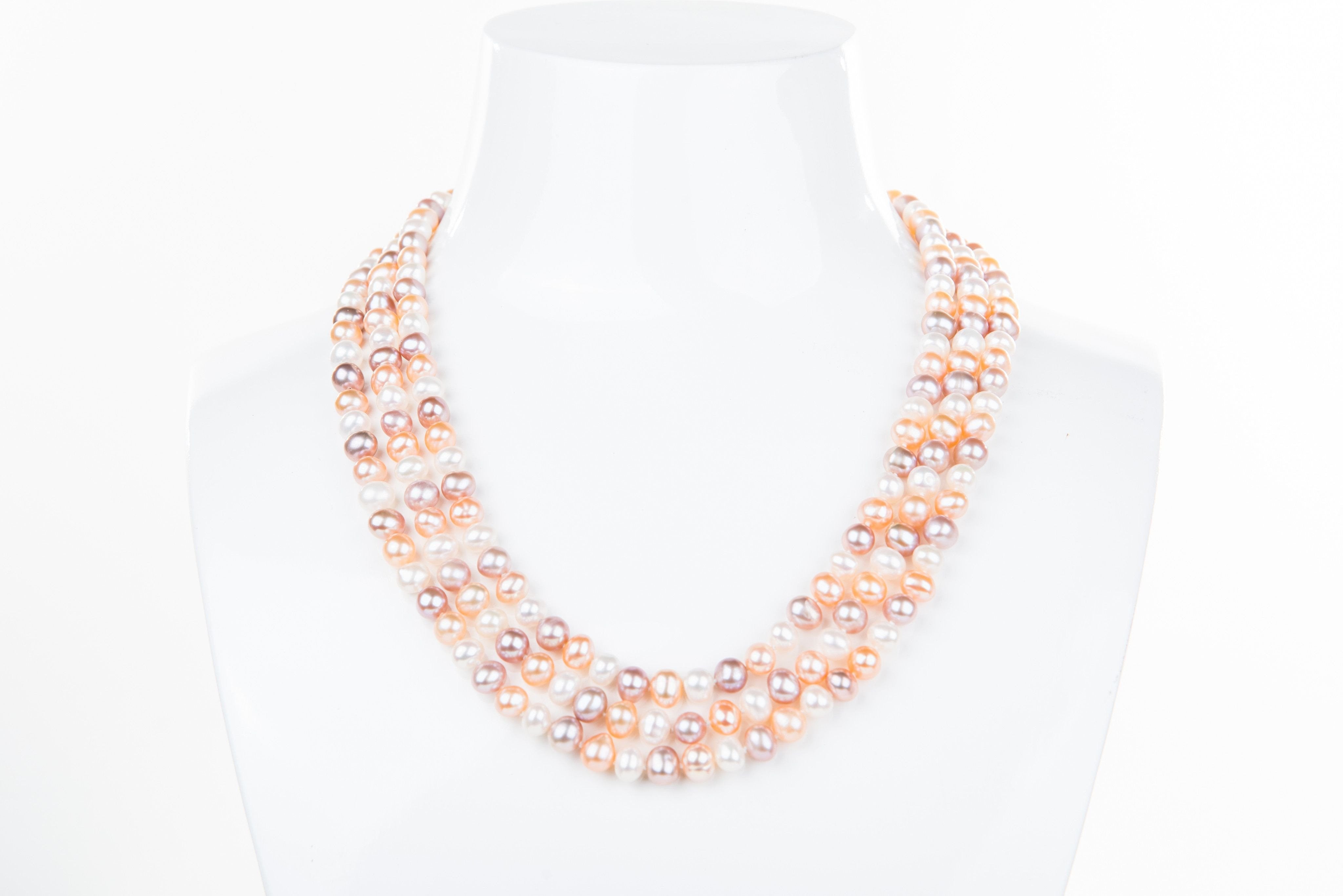 Multi-Color Triple Strand Layer Freshwater Pearl Necklace 6-7mm-Pearl Rack