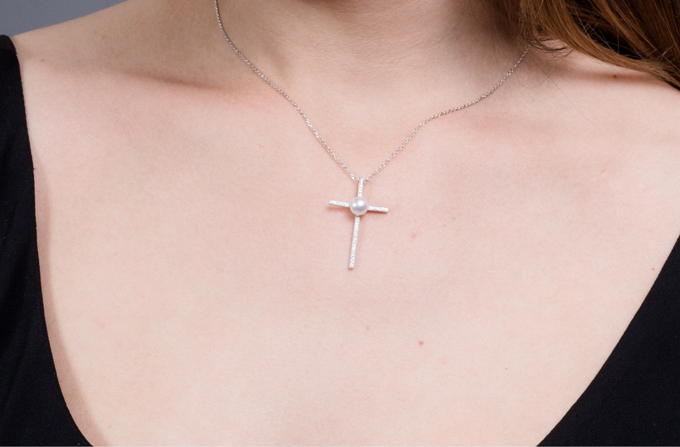 Freshwater Pearl Cross Pendant Chain Necklace-Pearl Rack