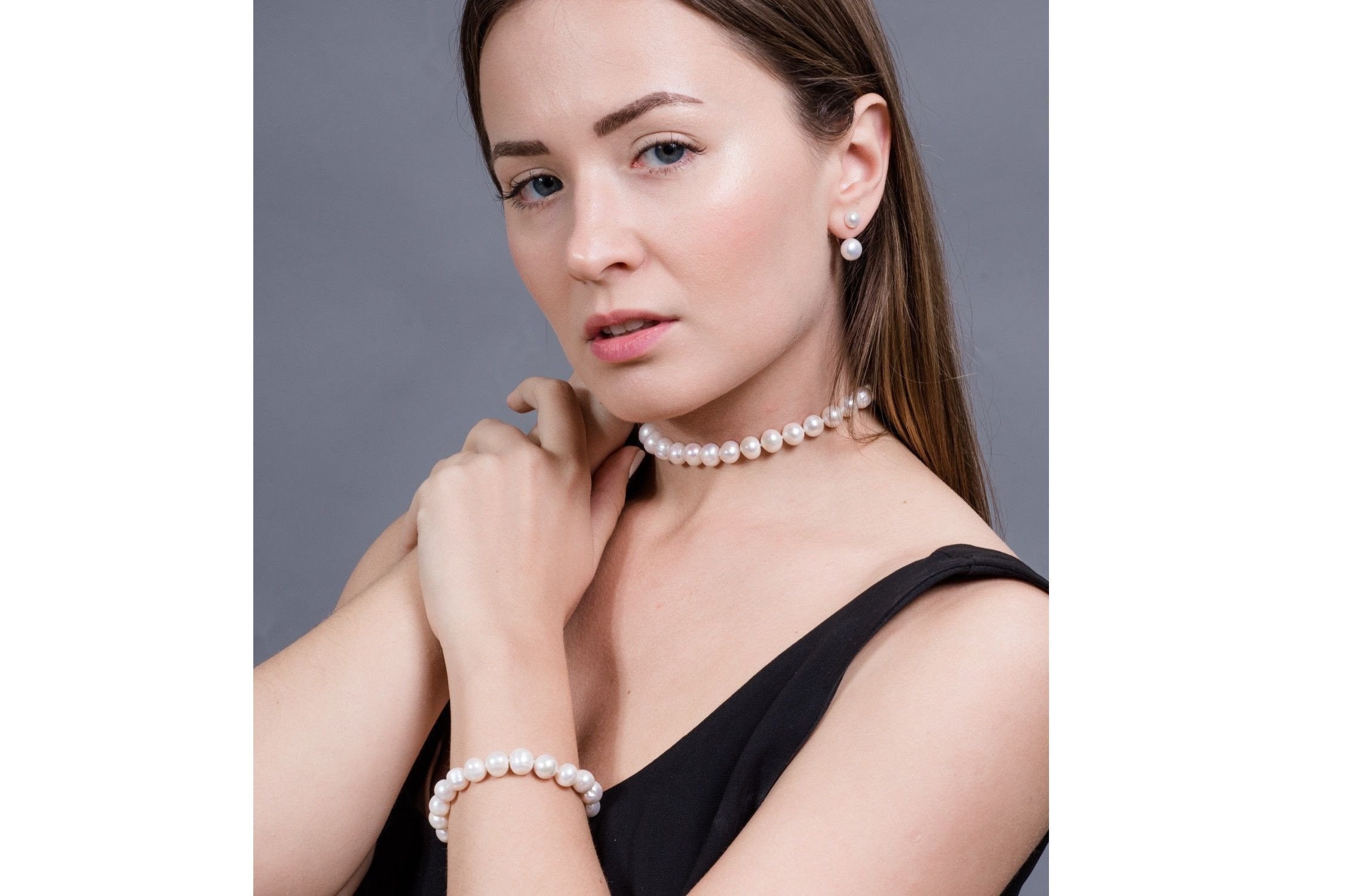 Single Strand White Freshwater Pearl Necklace and Bracelet Set 9-10mm-Pearl Rack