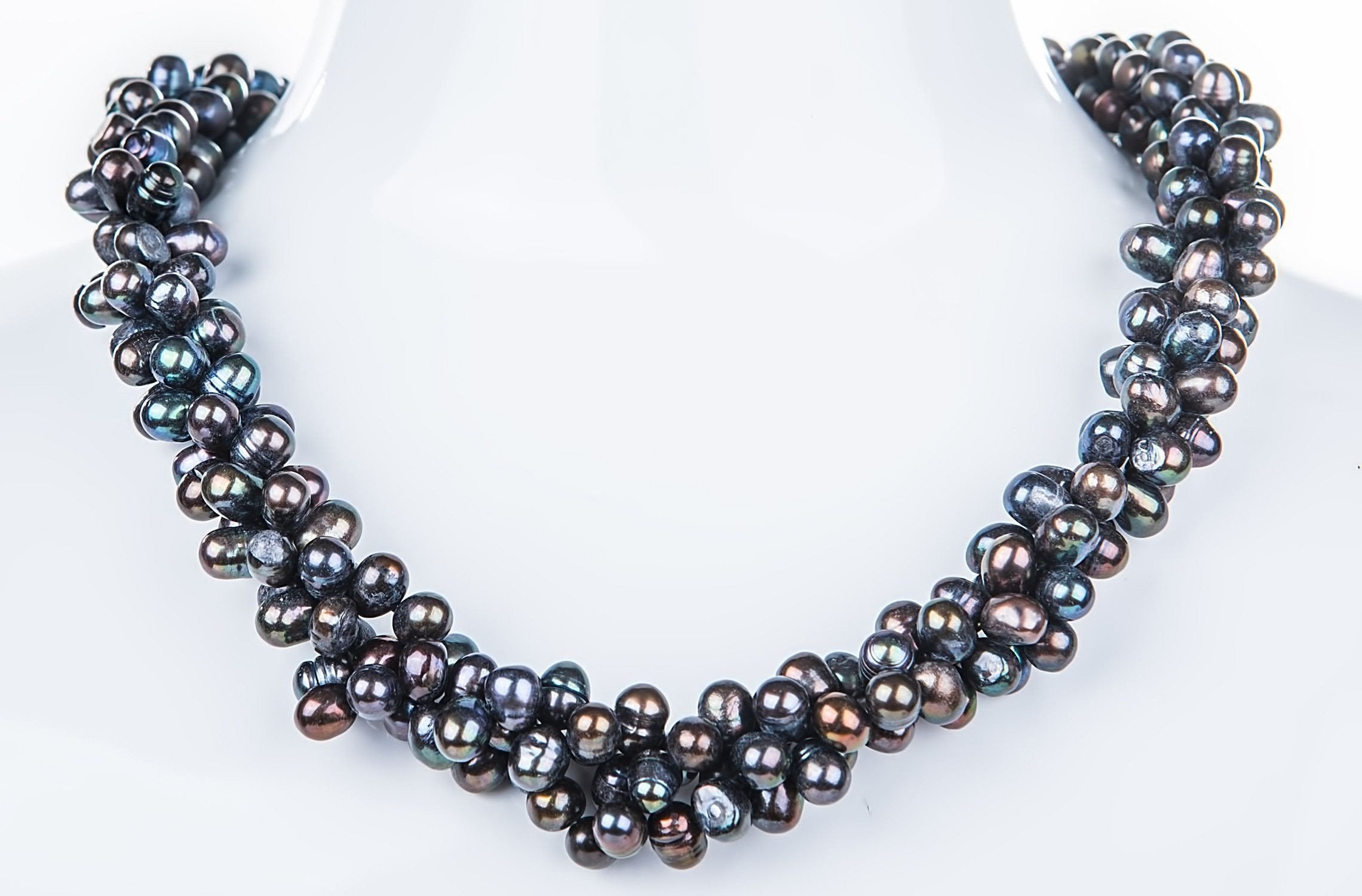 Triple Strand Twisted Dark Blue Freshwater Pearl Necklace-Pearl Rack