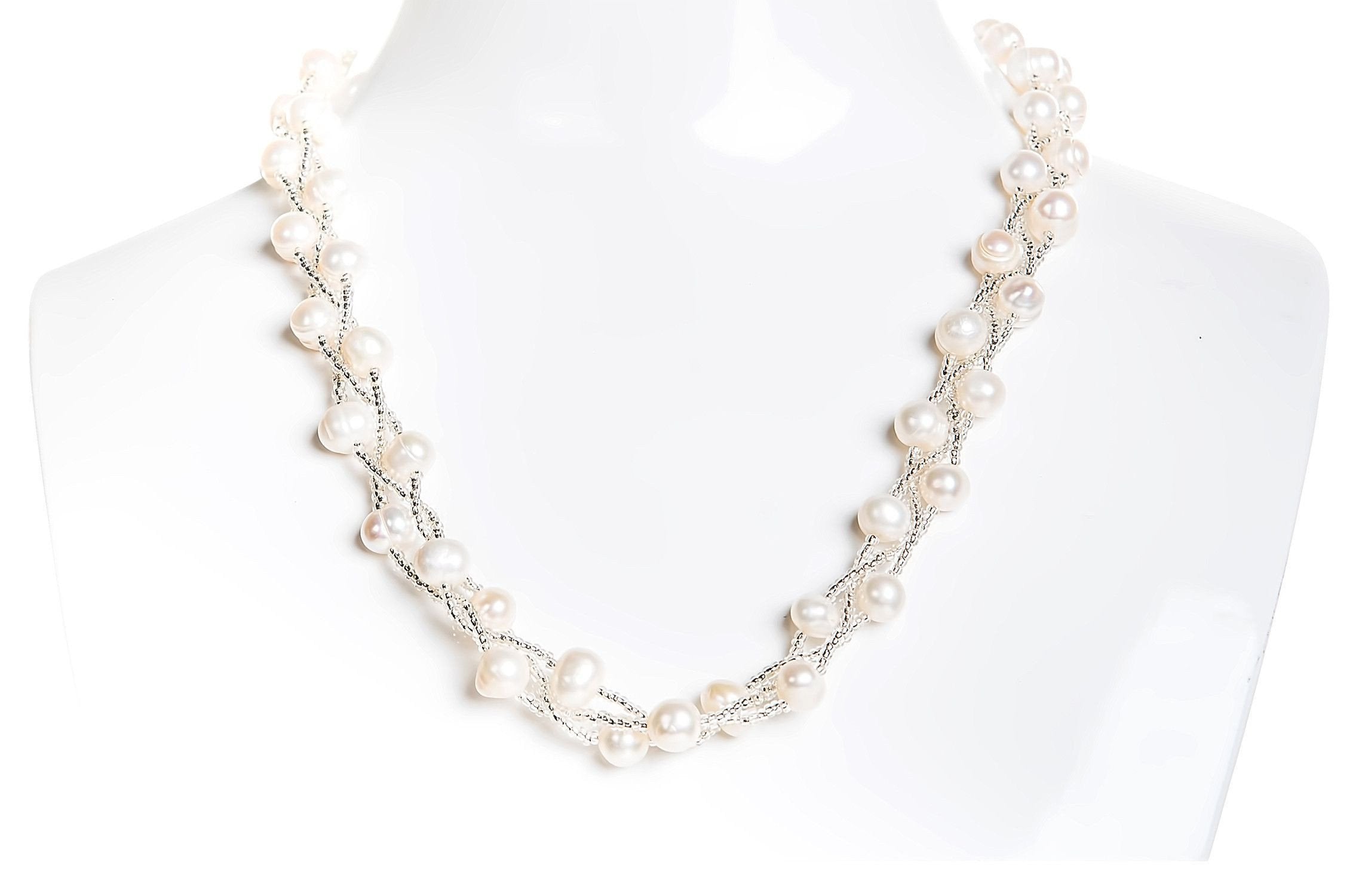 Braided White Freshwater Pearl Necklace 7mm-Pearl Rack