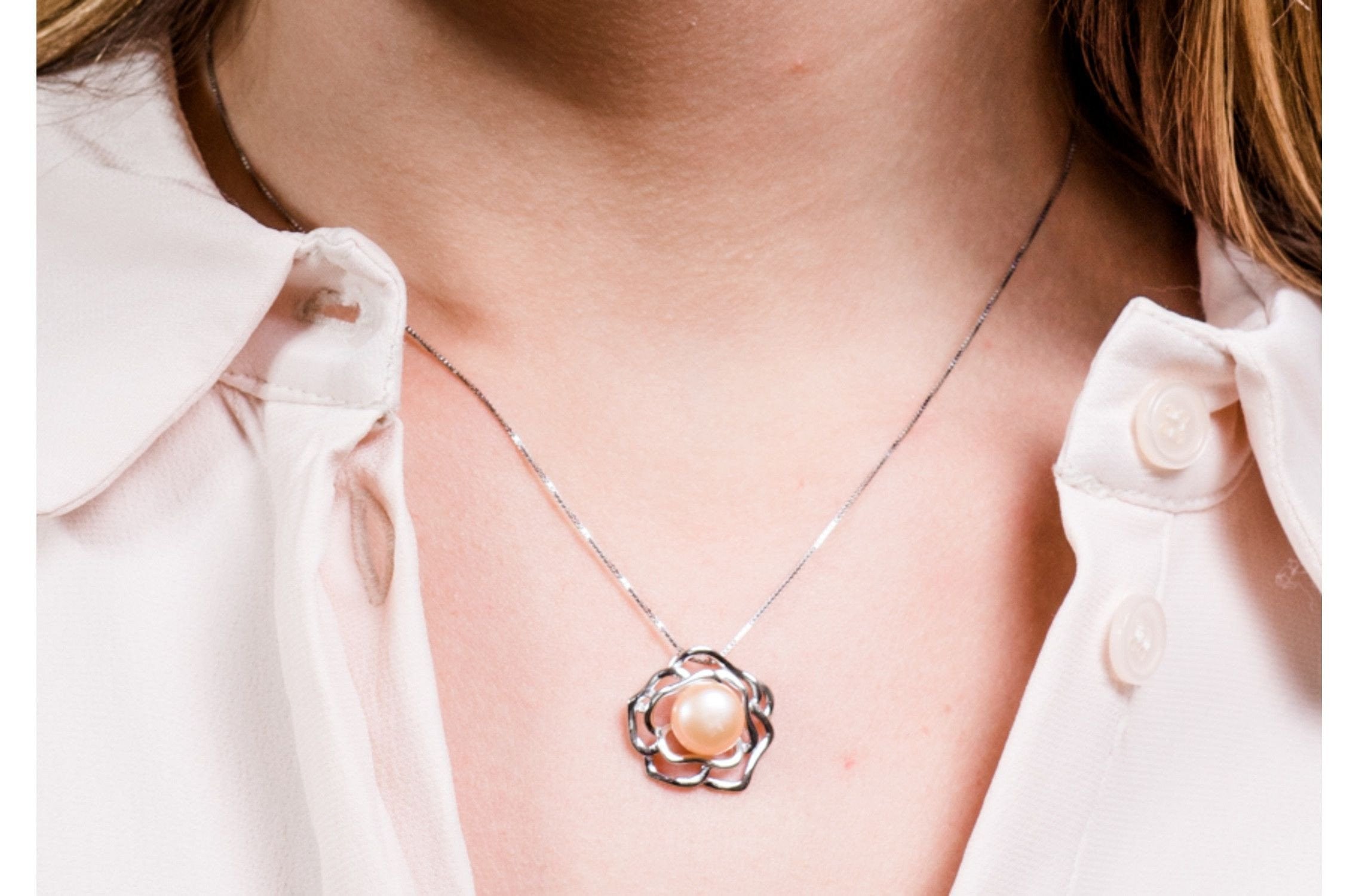 Peach Freshwater Pearl Pendant and Sterling Silver (925) Chain Necklace 9mm-Pearl Rack