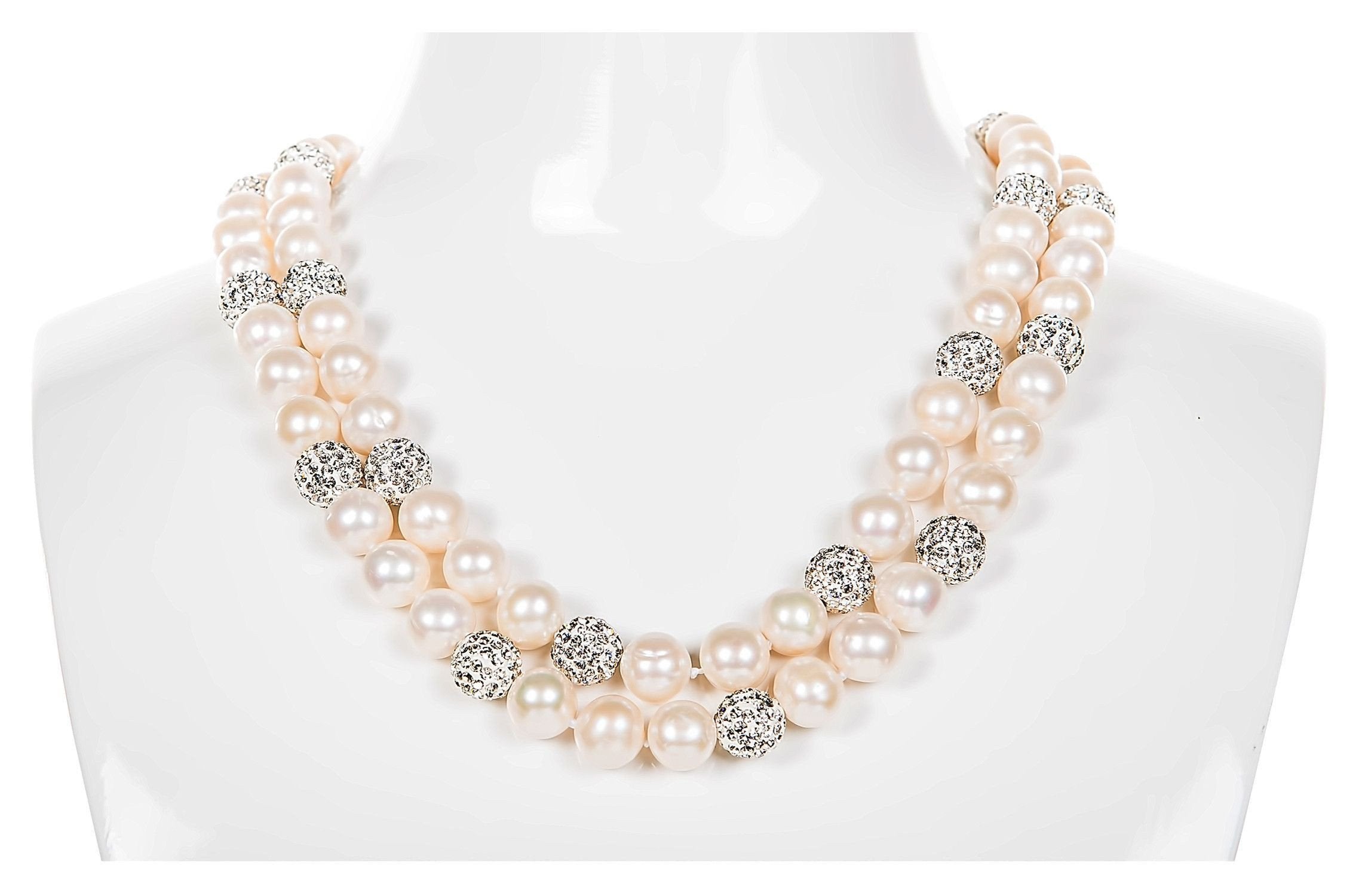 White Double Strand Layer Freshwater Round Pearl Necklace and Bracelet Set with Crystal Ball 10mm-Pearl Rack