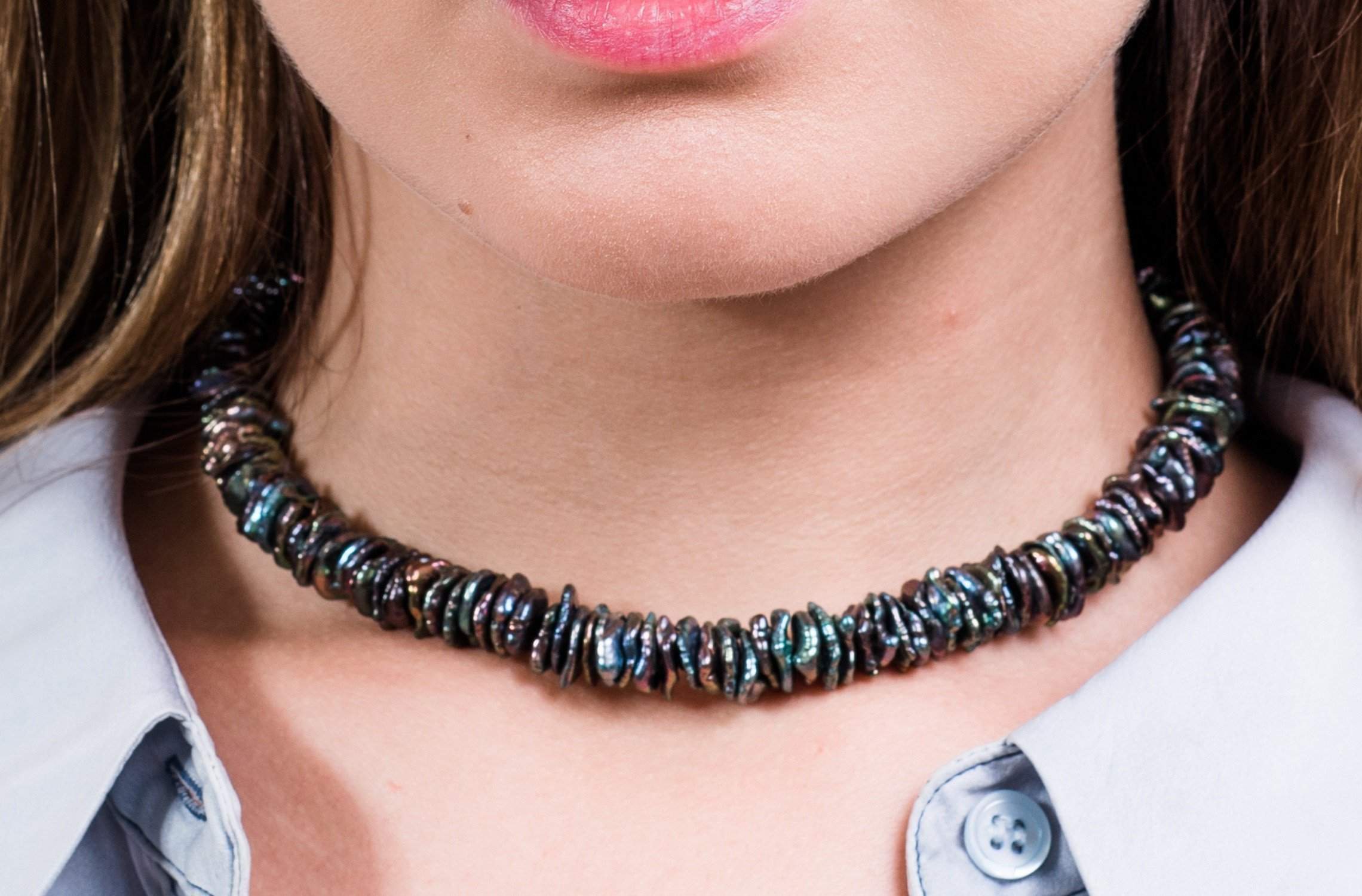 Peacock Blue Freshwater Keshi Pearl Choker-Pearl Rack