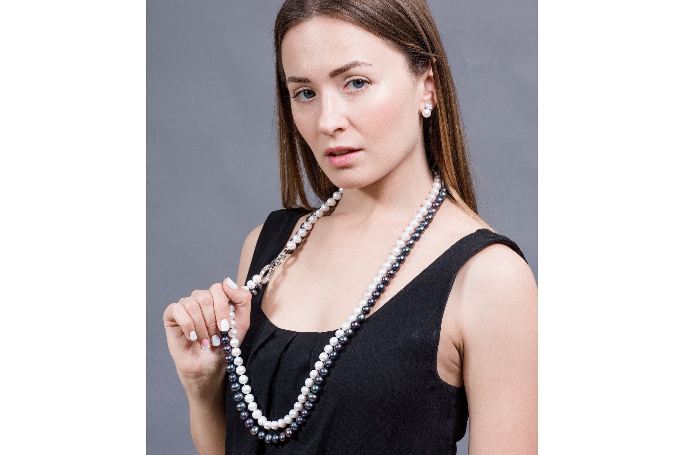 Double Strand Long White and Peacock Blue Freshwater Pearl Necklace 10mm-Pearl Rack