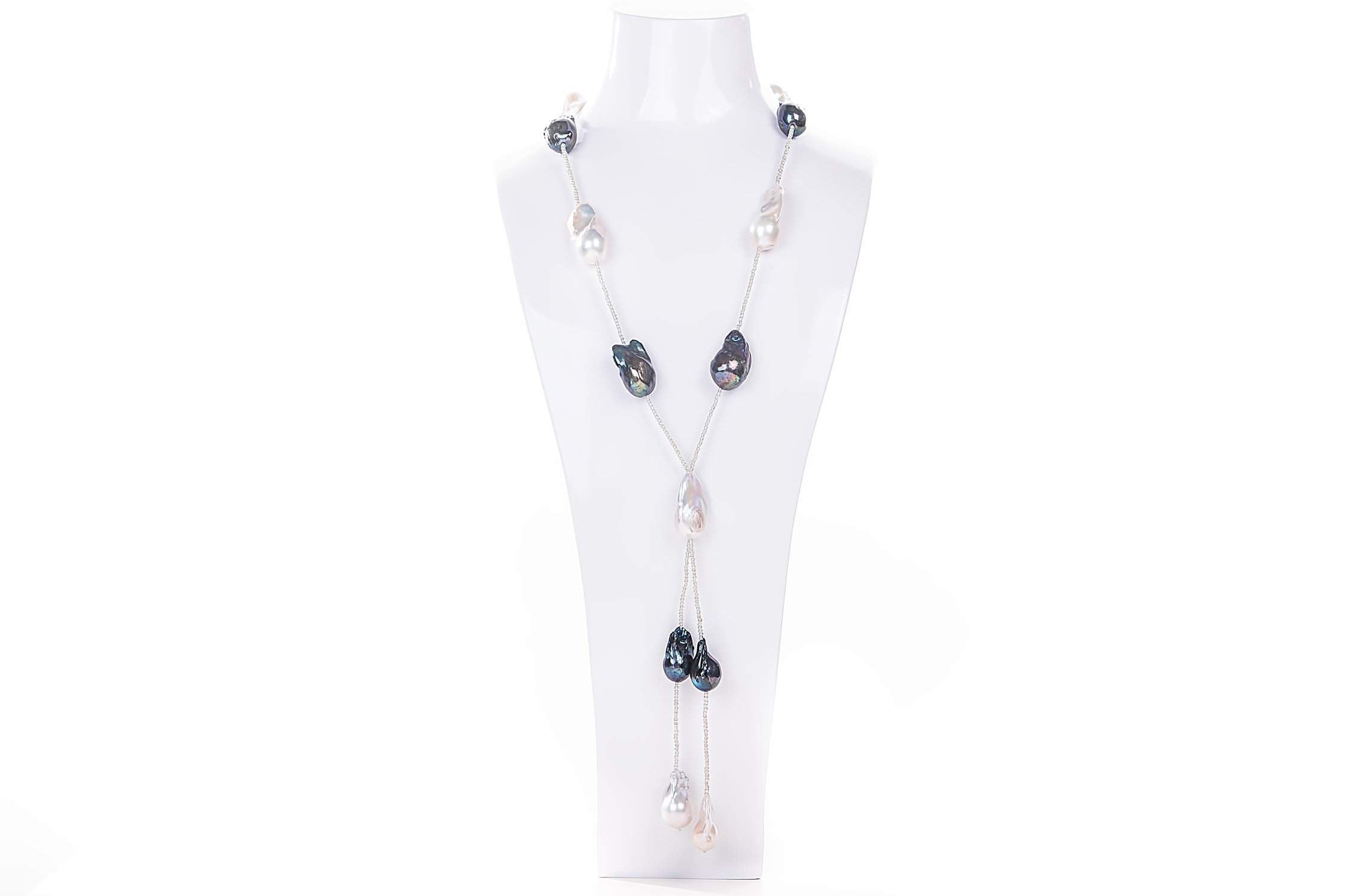White and Peacock Blue Freshwater Baroque Pearl Lariat Long Necklace-Pearl Rack