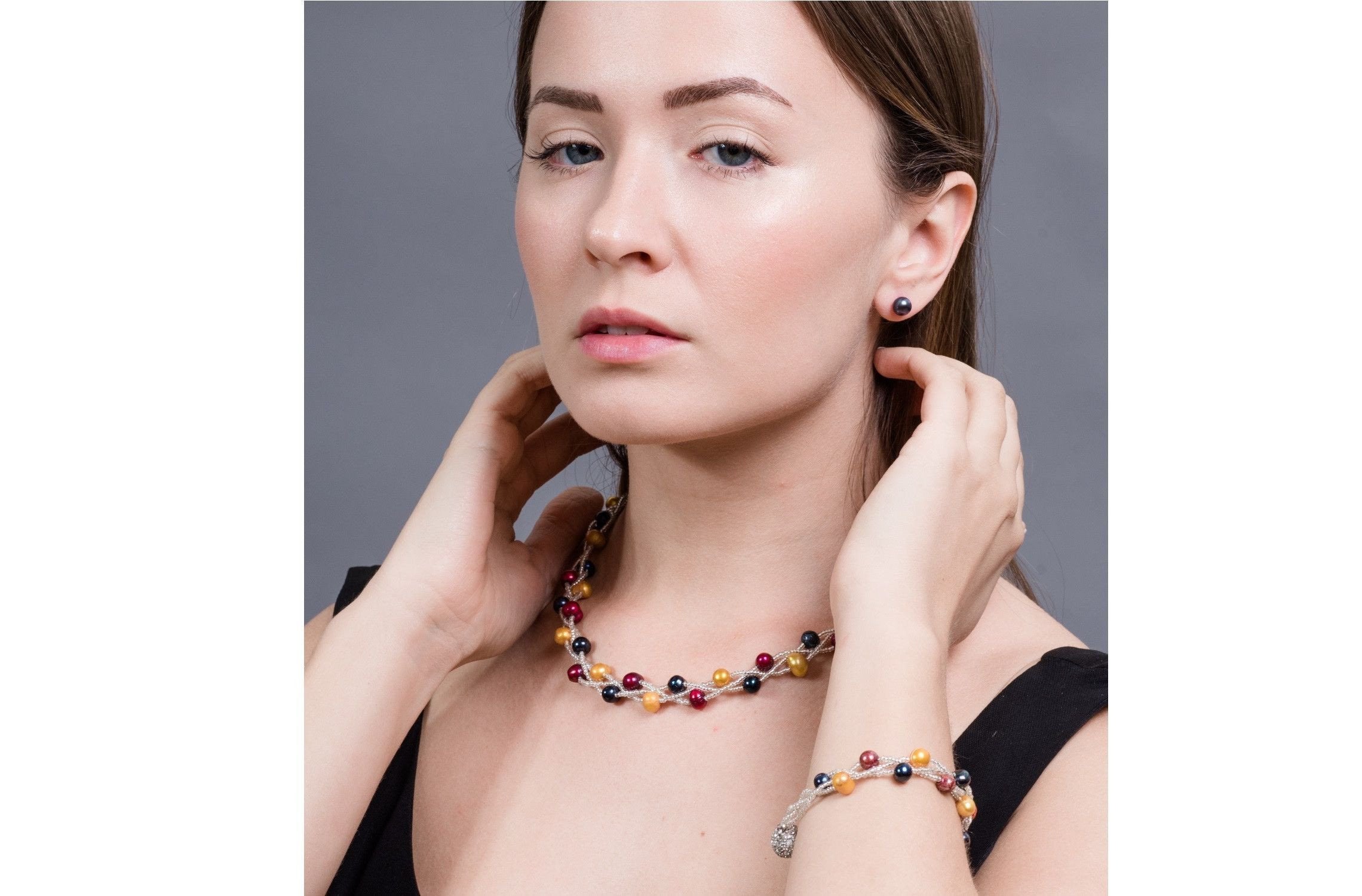 Multi-Color Braided Freshwater Pearl Necklace and Bracelet Set 7mm-Pearl Rack