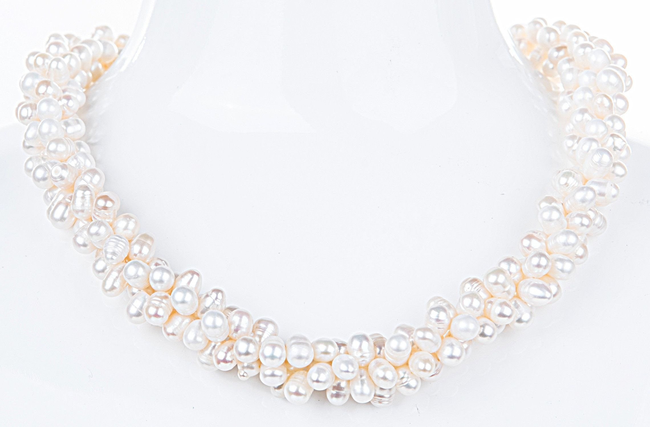 Triple Strand Twisted White Freshwater Pearl Necklace-Pearl Rack