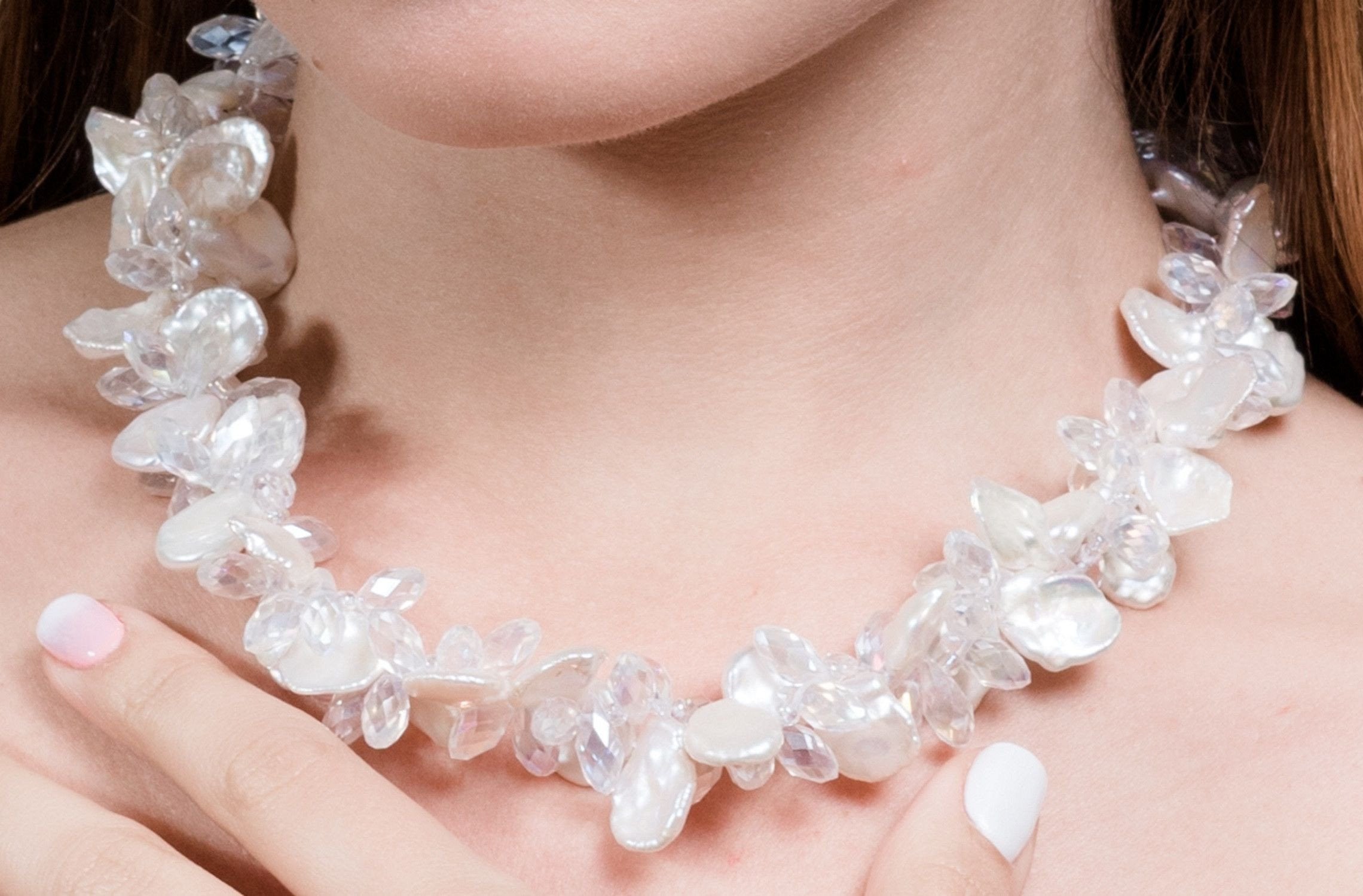 White Freshwater Keshi Pearl and Crystal Twisted Necklace-Pearl Rack