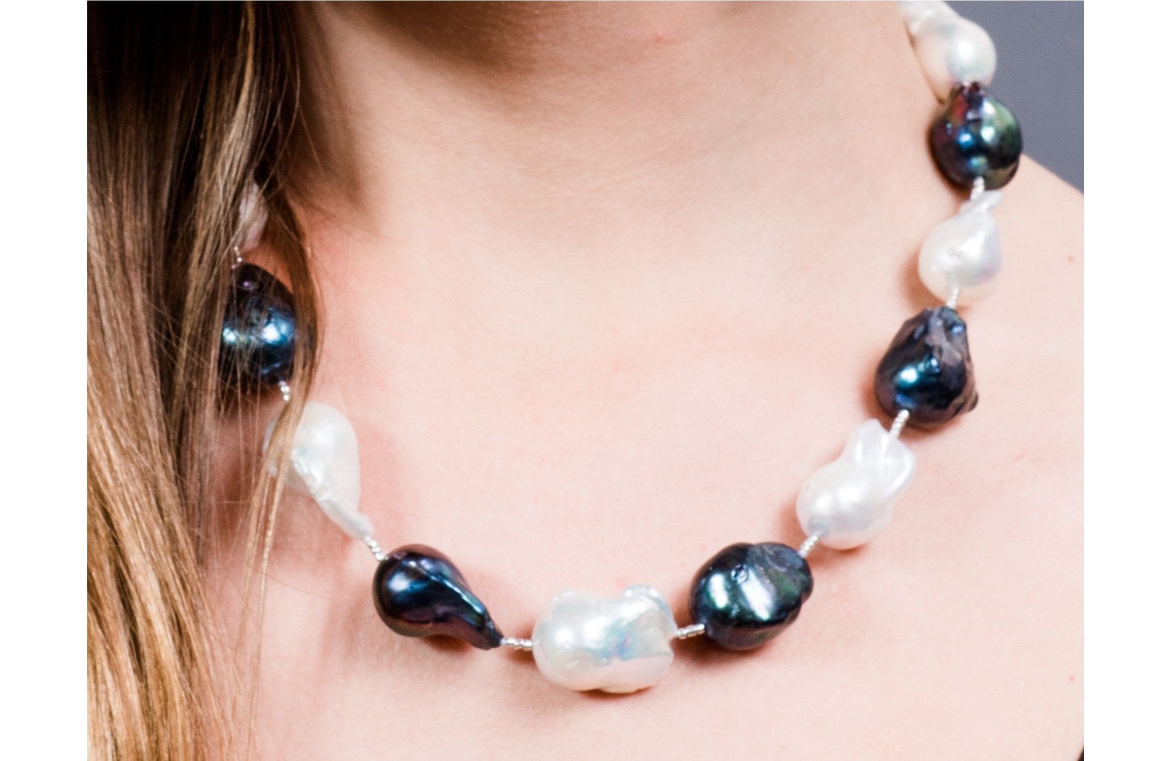 White and Peacock Blue Freshwater Baroque Pearl Necklace-Pearl Rack