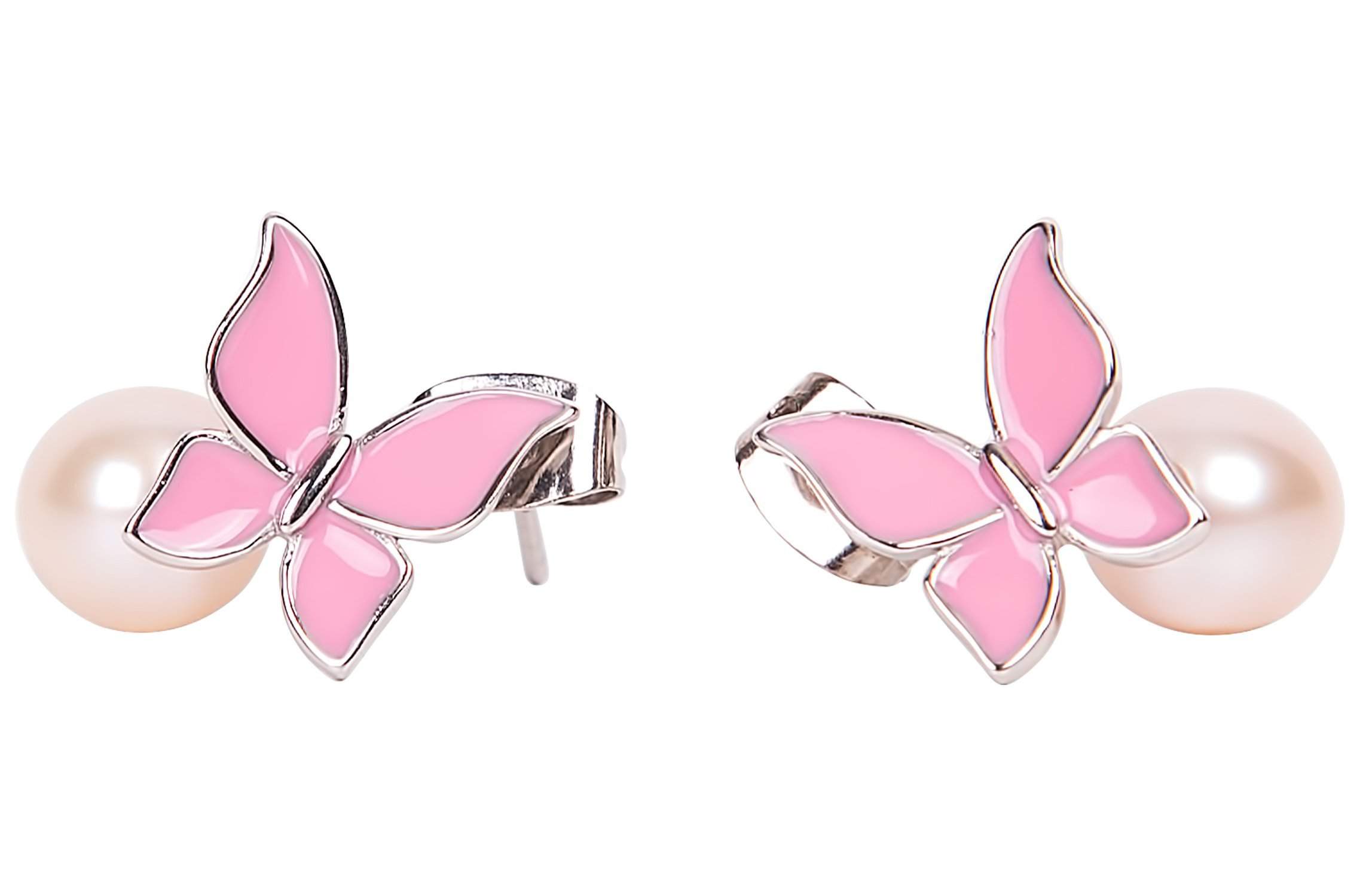 Pink Freshwater Pearl and Sterling Silver Butterfly Drop Earring-Pearl Rack