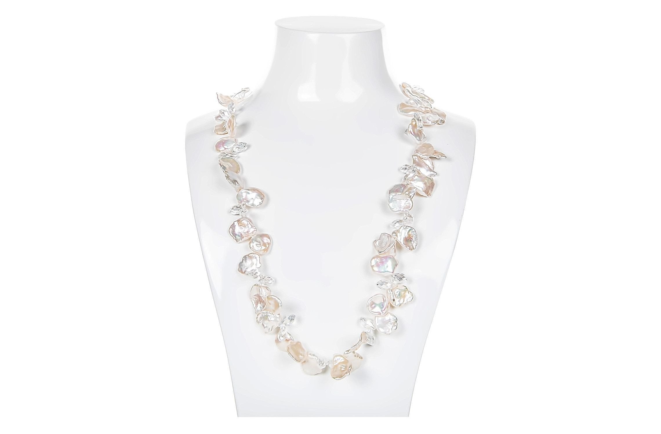 White Freshwater Keshi Pearl and Crystal Long Necklace-Pearl Rack