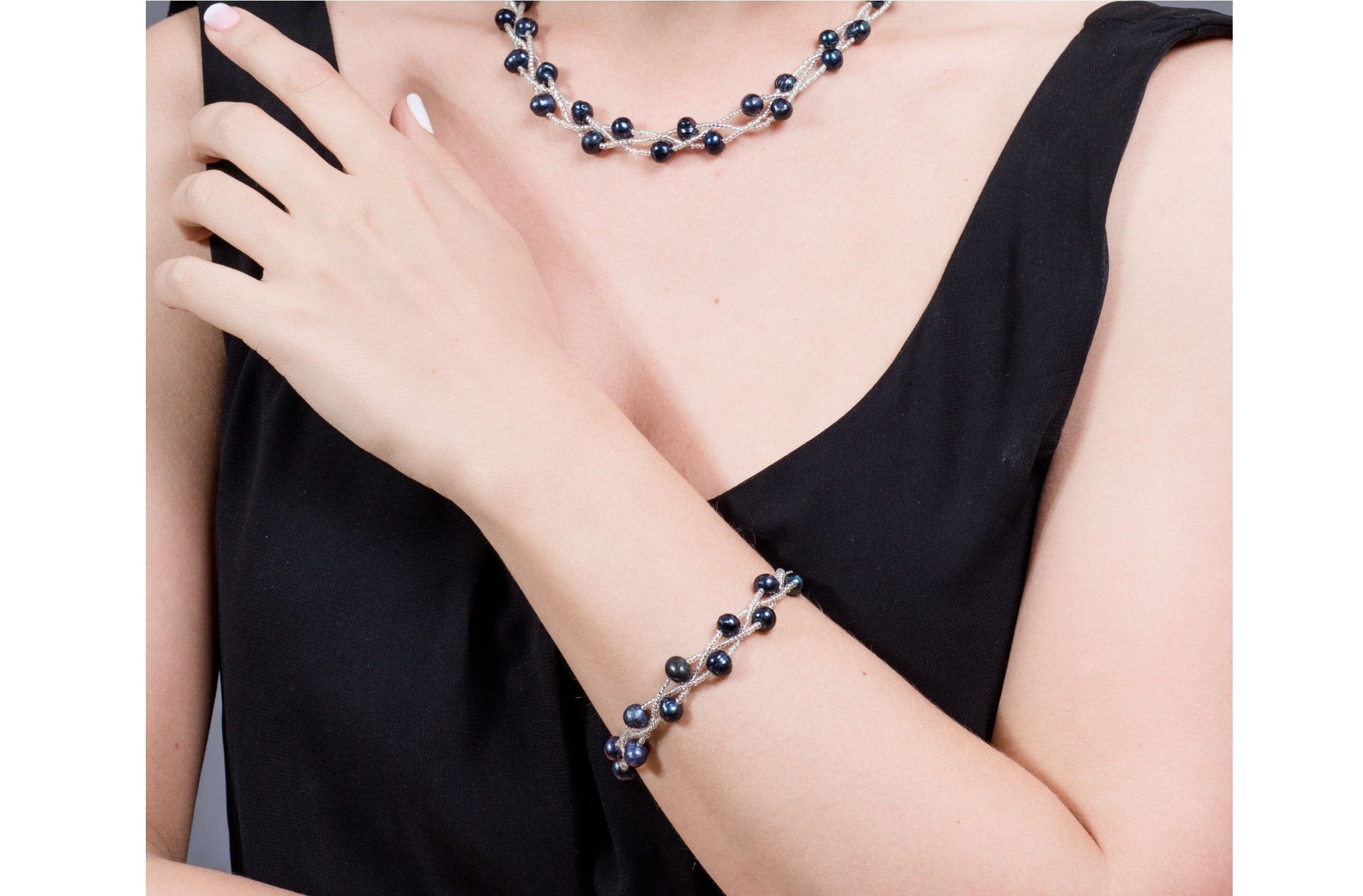 Blue Braided Freshwater Pearl Bracelet 7mm-Pearl Rack