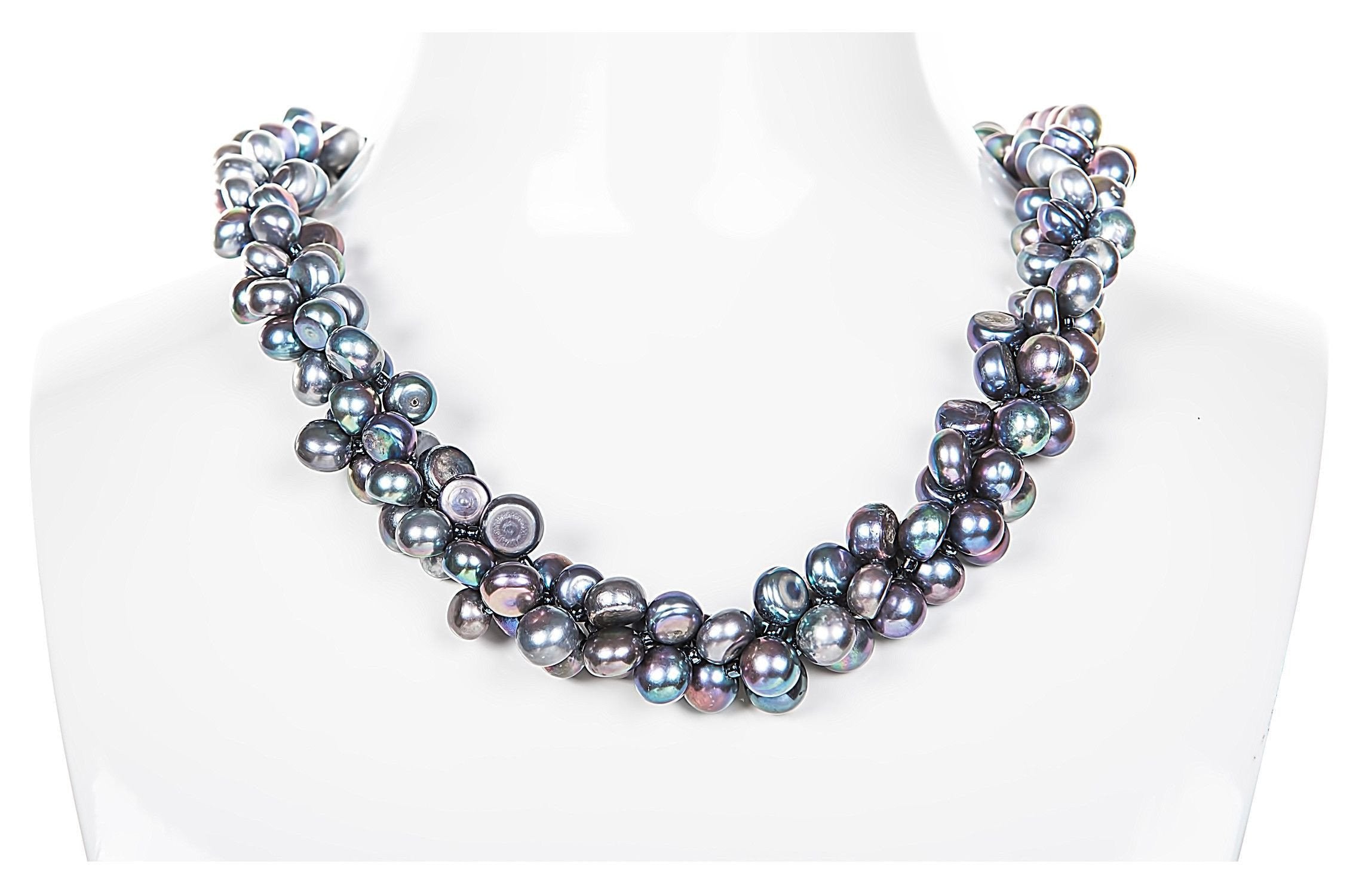 Triple Strand Blue-Grey Freshwater Button Pearl Necklace-Pearl Rack