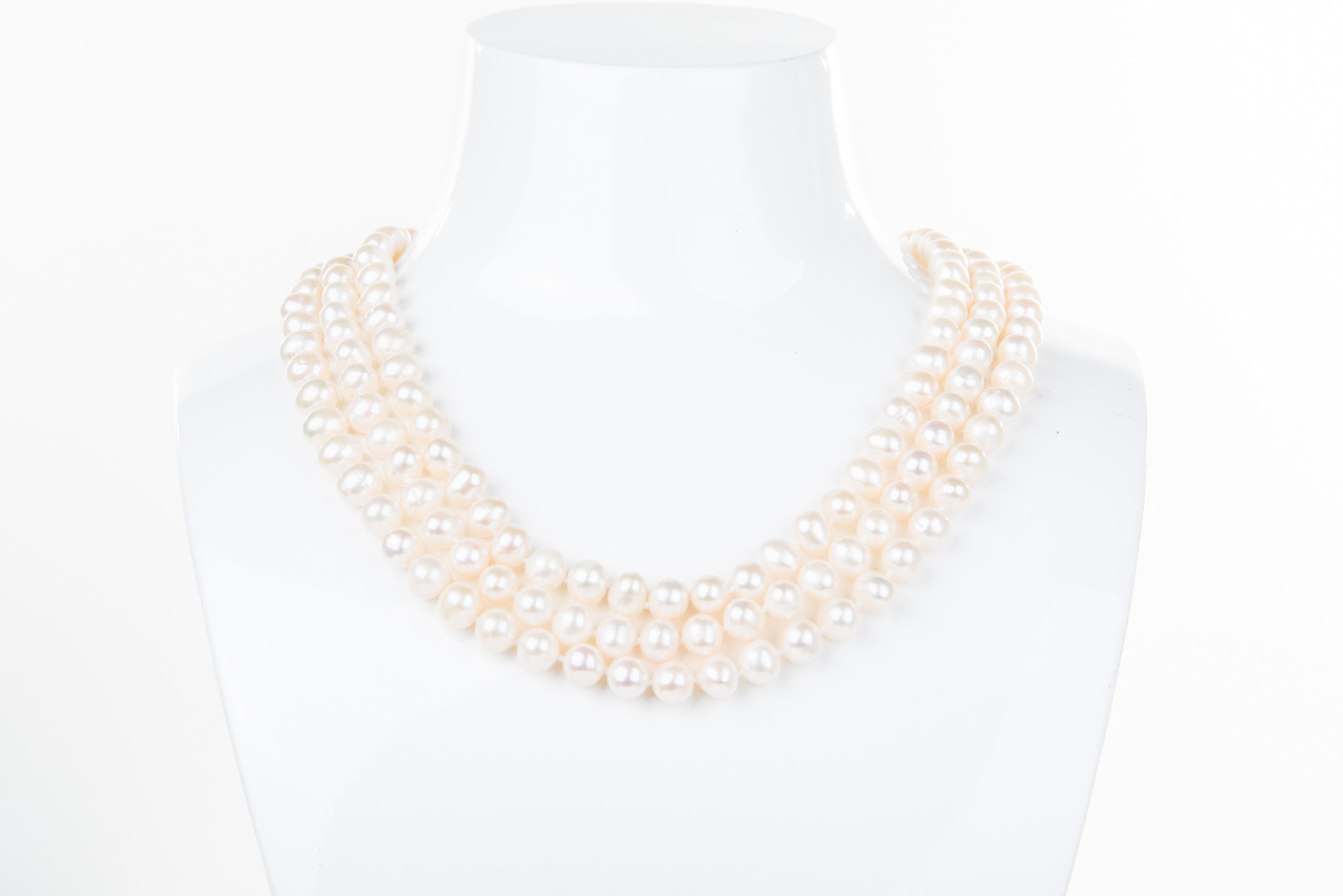 White Triple Strand Layer Freshwater Pearl Necklace 8-9mm-Pearl Rack