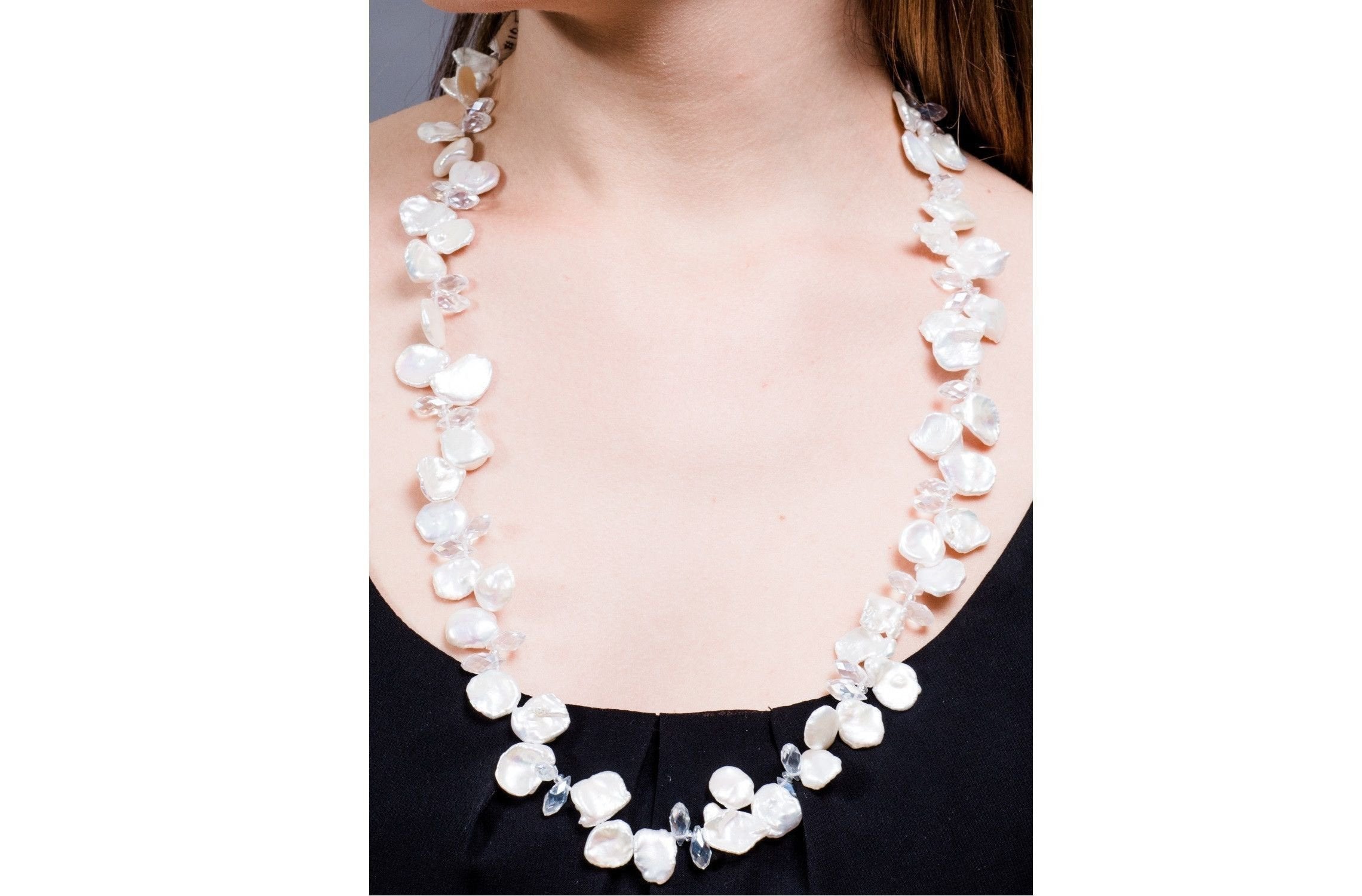White Freshwater Keshi Pearl and Crystal Long Necklace-Pearl Rack