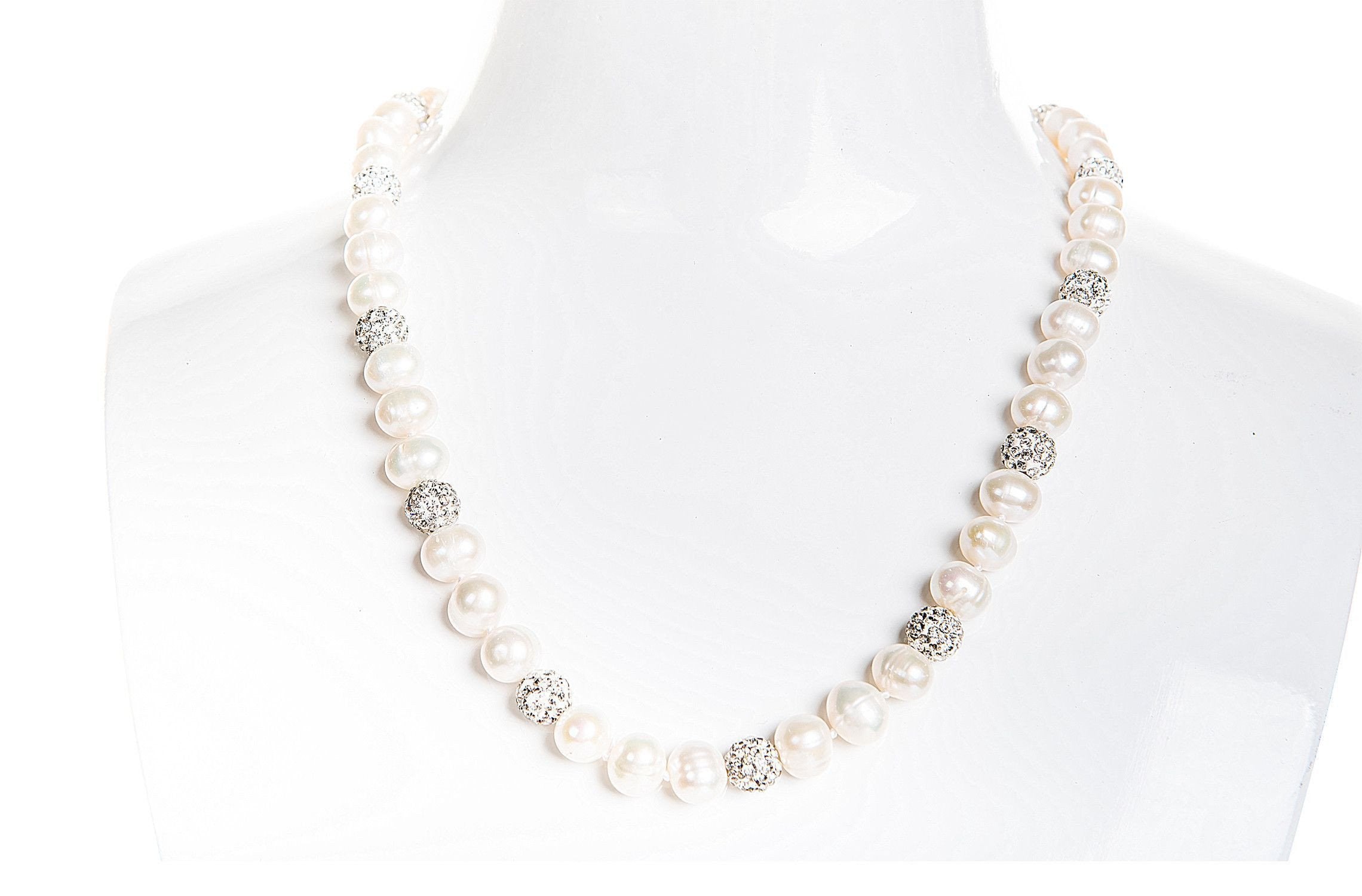 6mm Single Strand White Freshwater Pearl Necklace with 8mm Crystal Ball-Pearl Rack