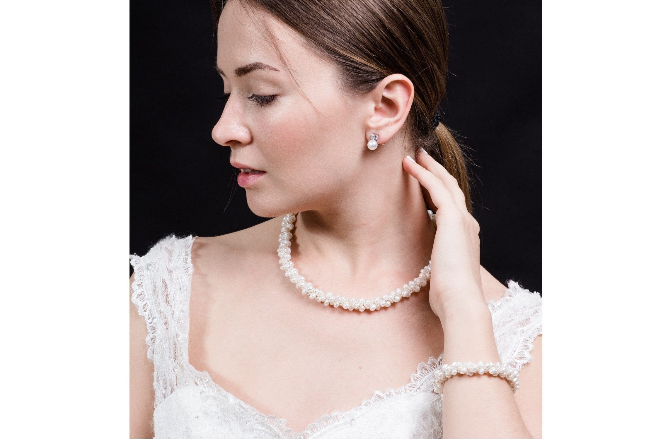 White Multi Strand Braided Freshwater Pearl Necklace and Bracelet Set 6mm-Pearl Rack