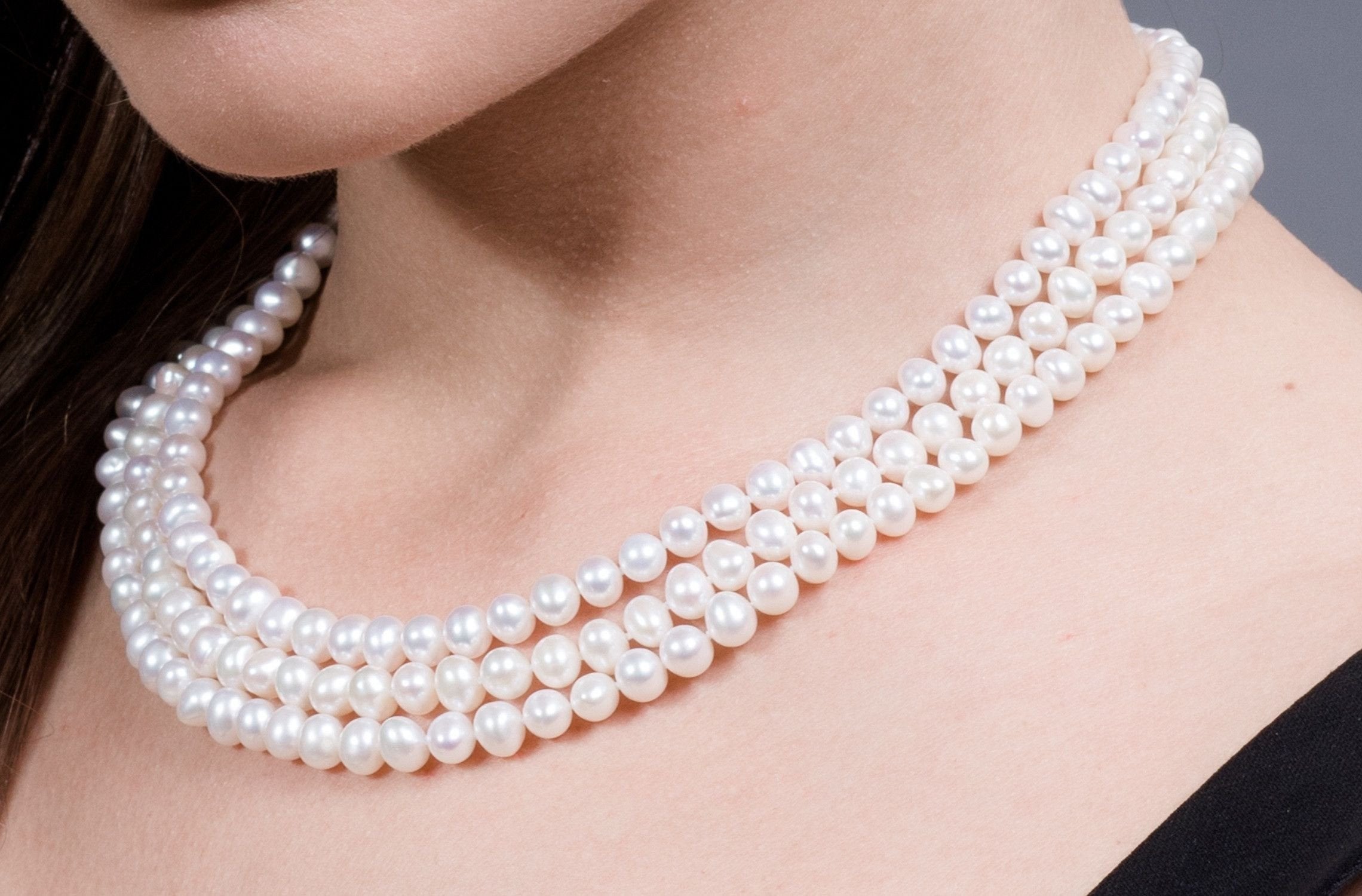 White Triple Strand Layer Freshwater Pearl Necklace 6-7mm-Pearl Rack