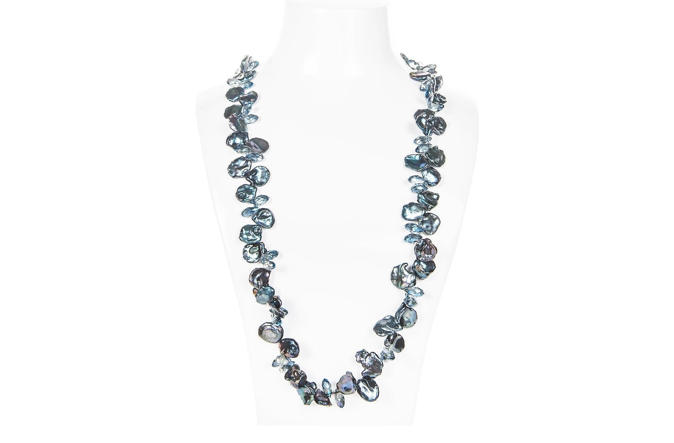 Blue Freshwater Keshi Pearl and Crystal Long Necklace-Pearl Rack