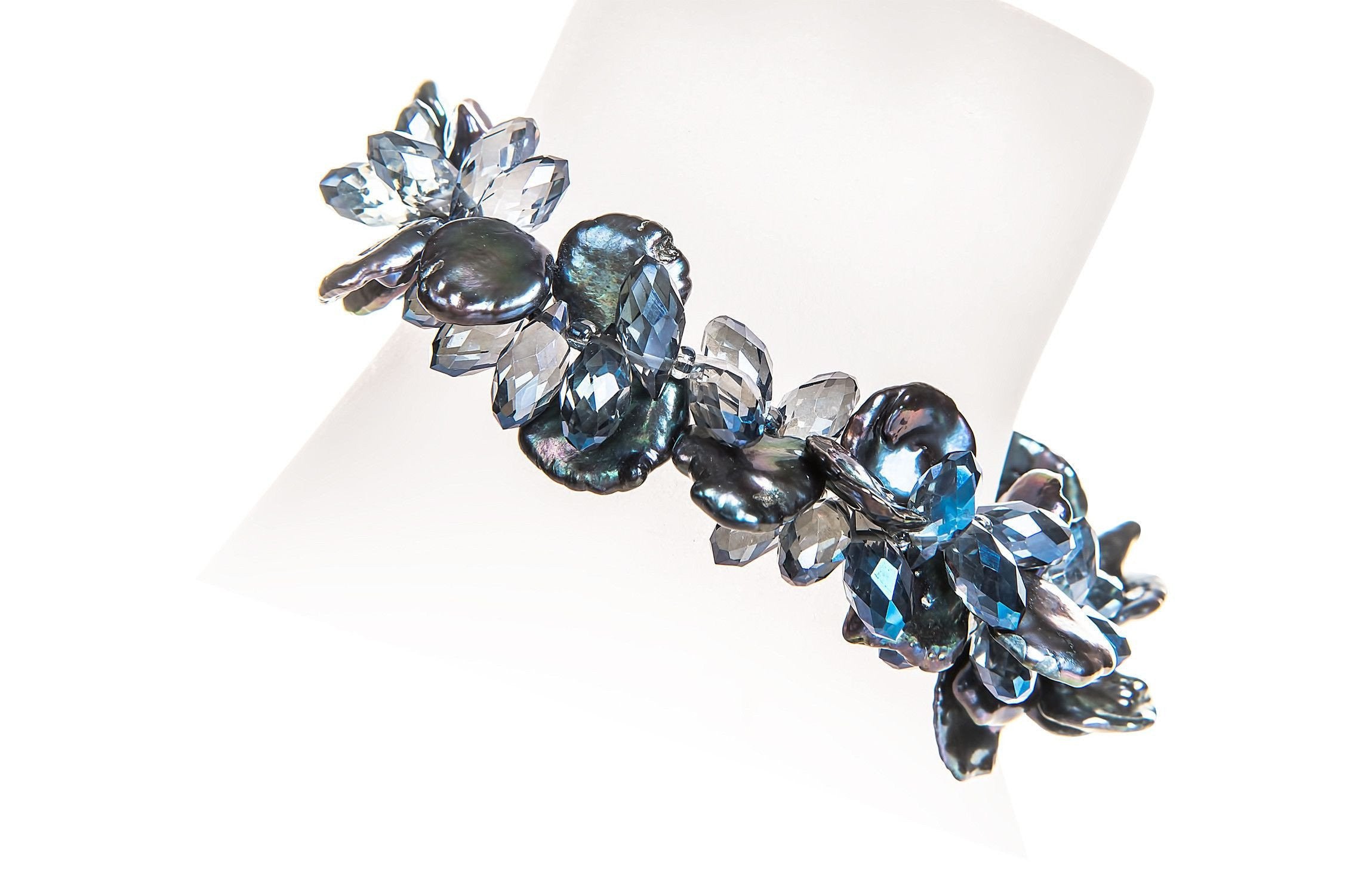 Blue Freshwater Keshi Pearl and Crystal Long Necklace and Bracelet Set-Pearl Rack