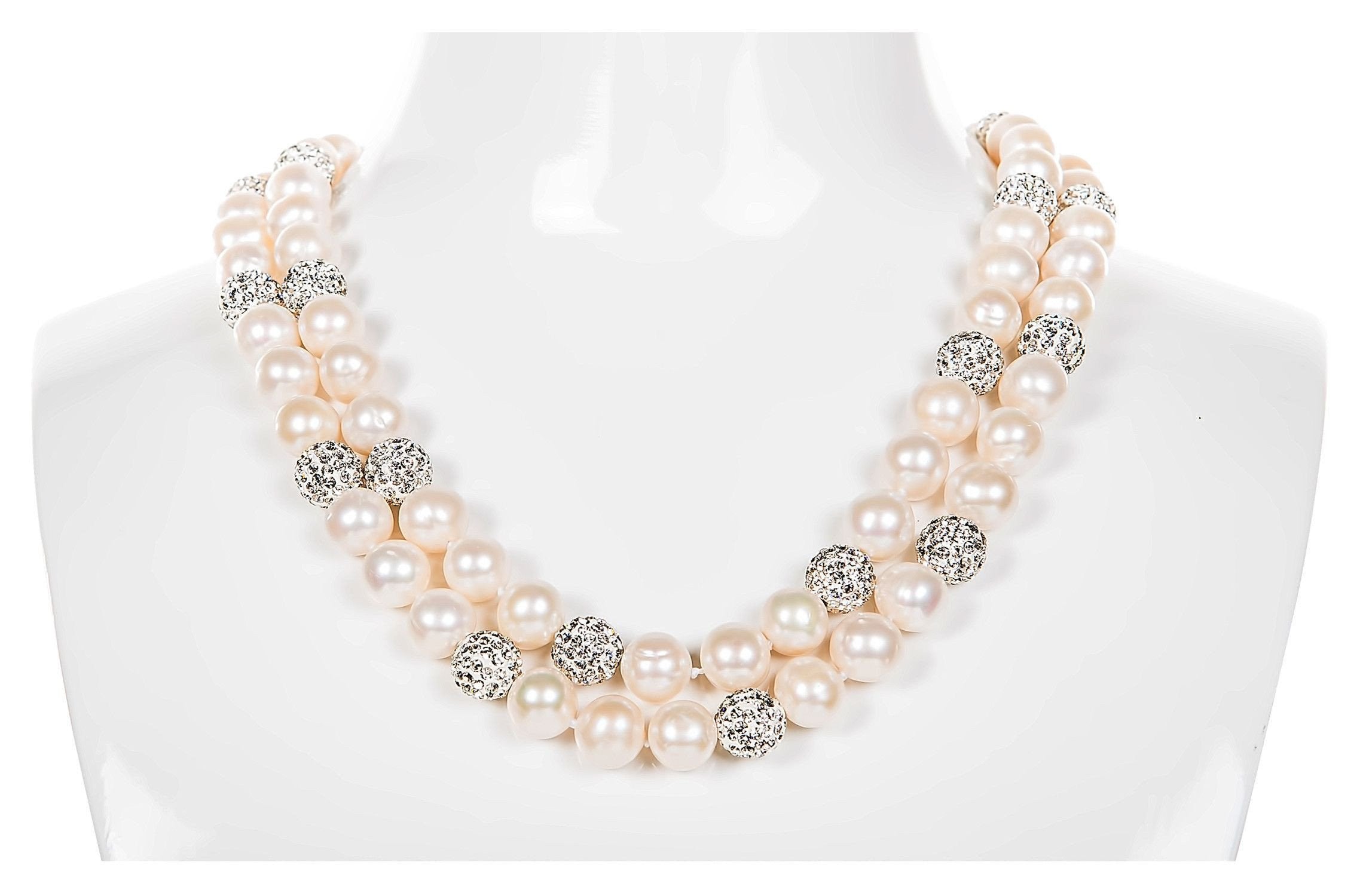 10mm White Double Strand Layer Freshwater Pearl and Crystal Necklace-Pearl Rack