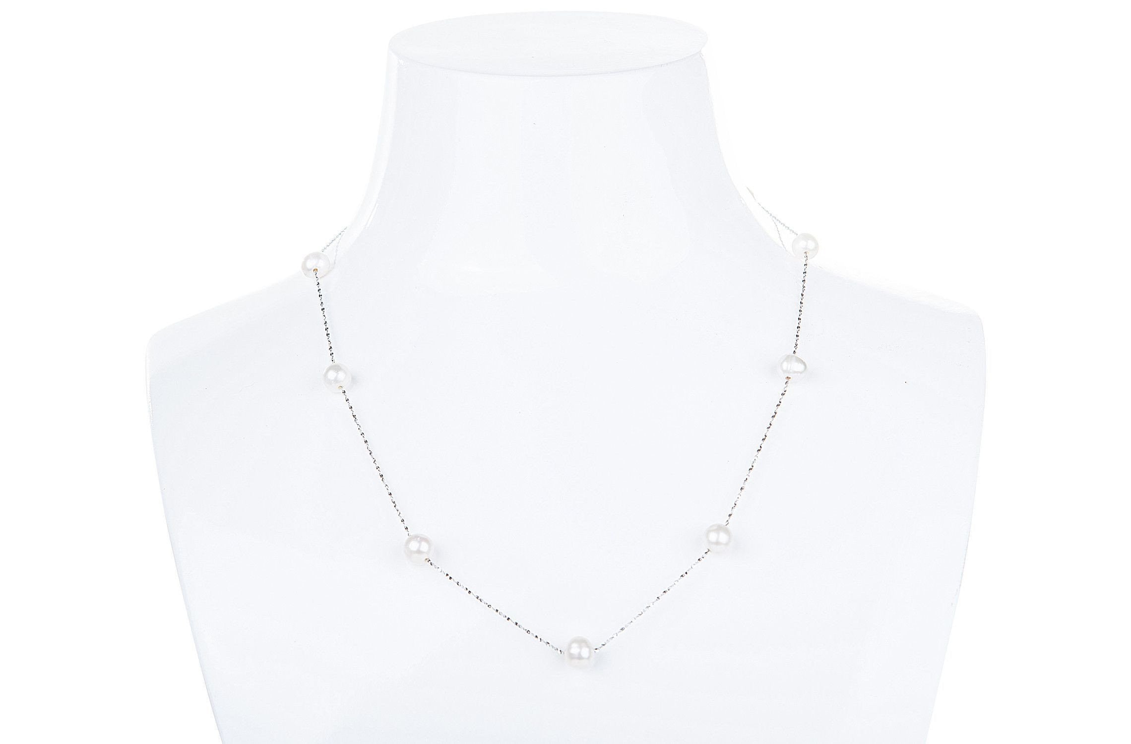 White Freshwater Pearl Tin Cup and Sterling Silver (925) Chain Necklace 7mm-Pearl Rack
