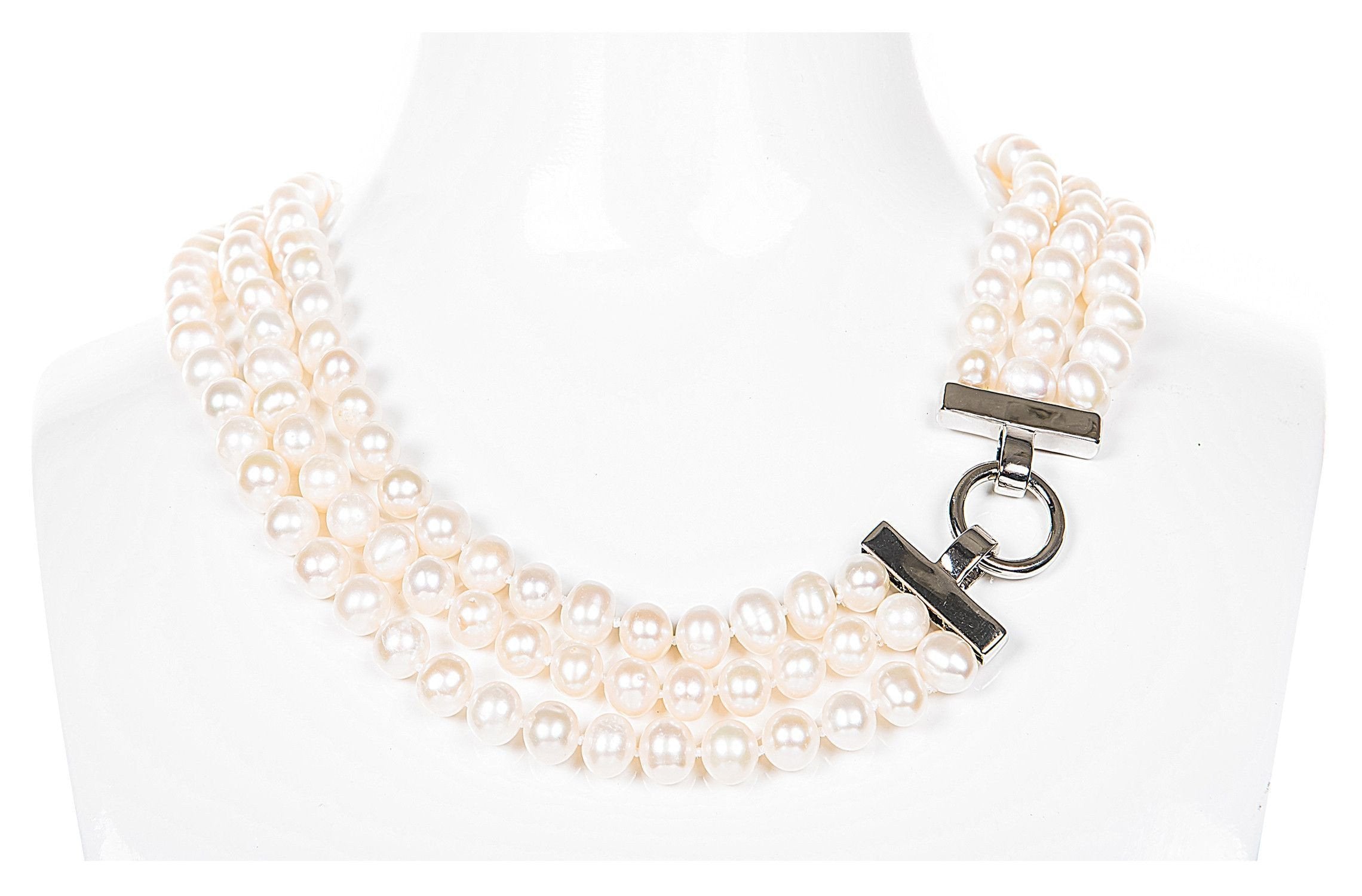 White Triple Strand Layer Freshwater Pearl Necklace 8-9mm-Pearl Rack