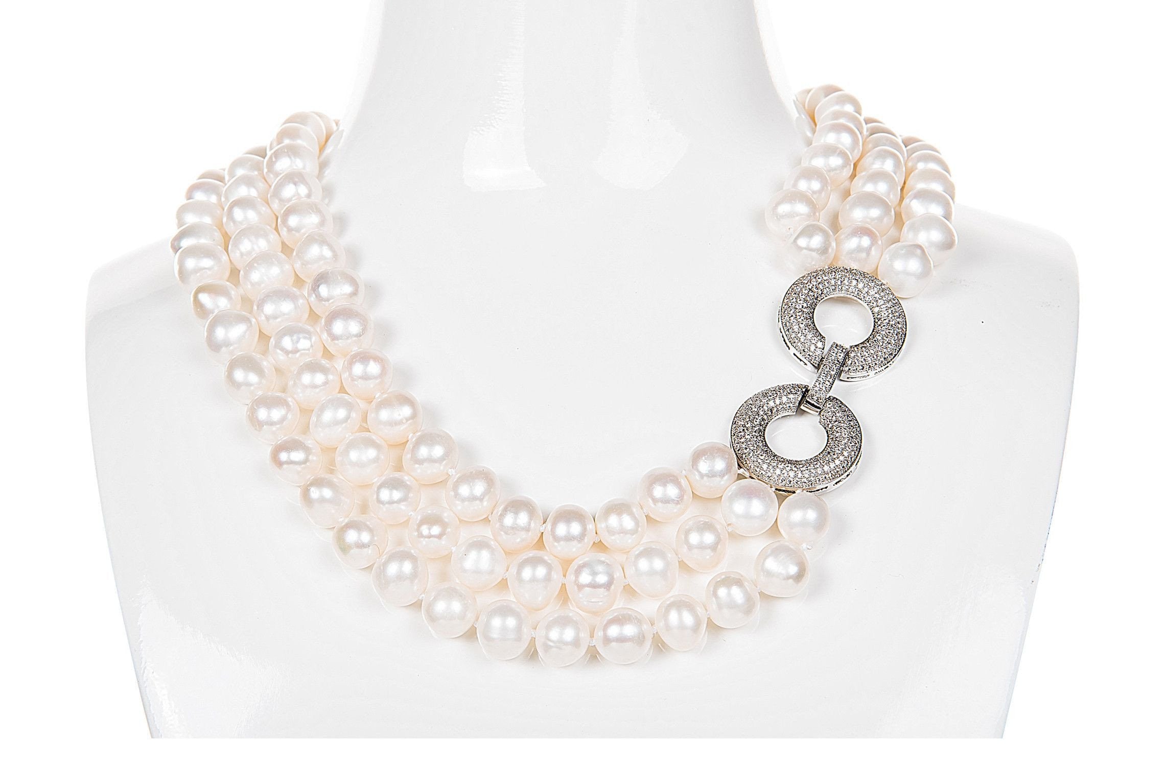 White Triple Strand Layer Freshwater Pearl Necklace 10mm-Pearl Rack