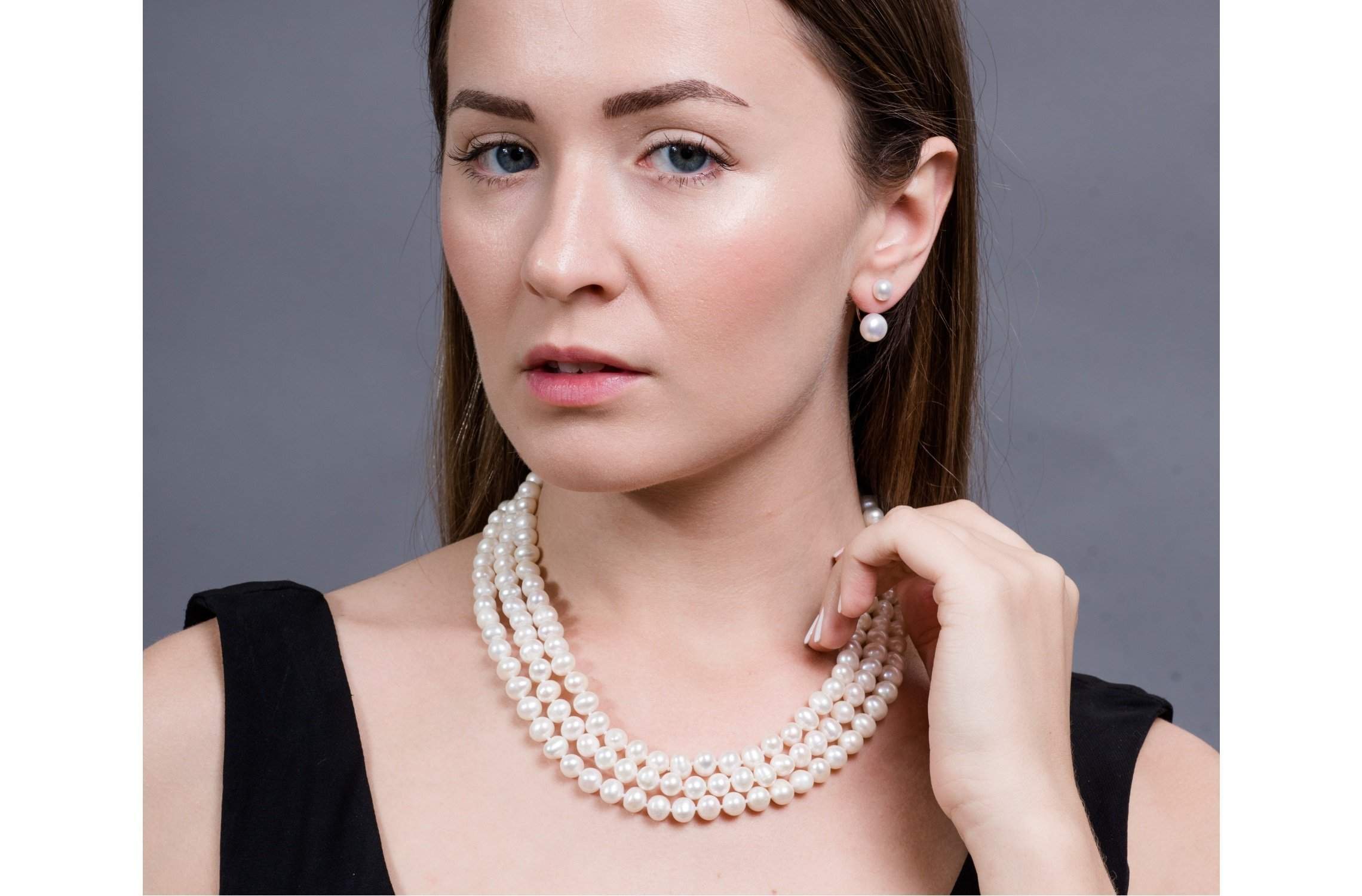 White Triple Strand Layer Freshwater Pearl Necklace 8-9mm-Pearl Rack
