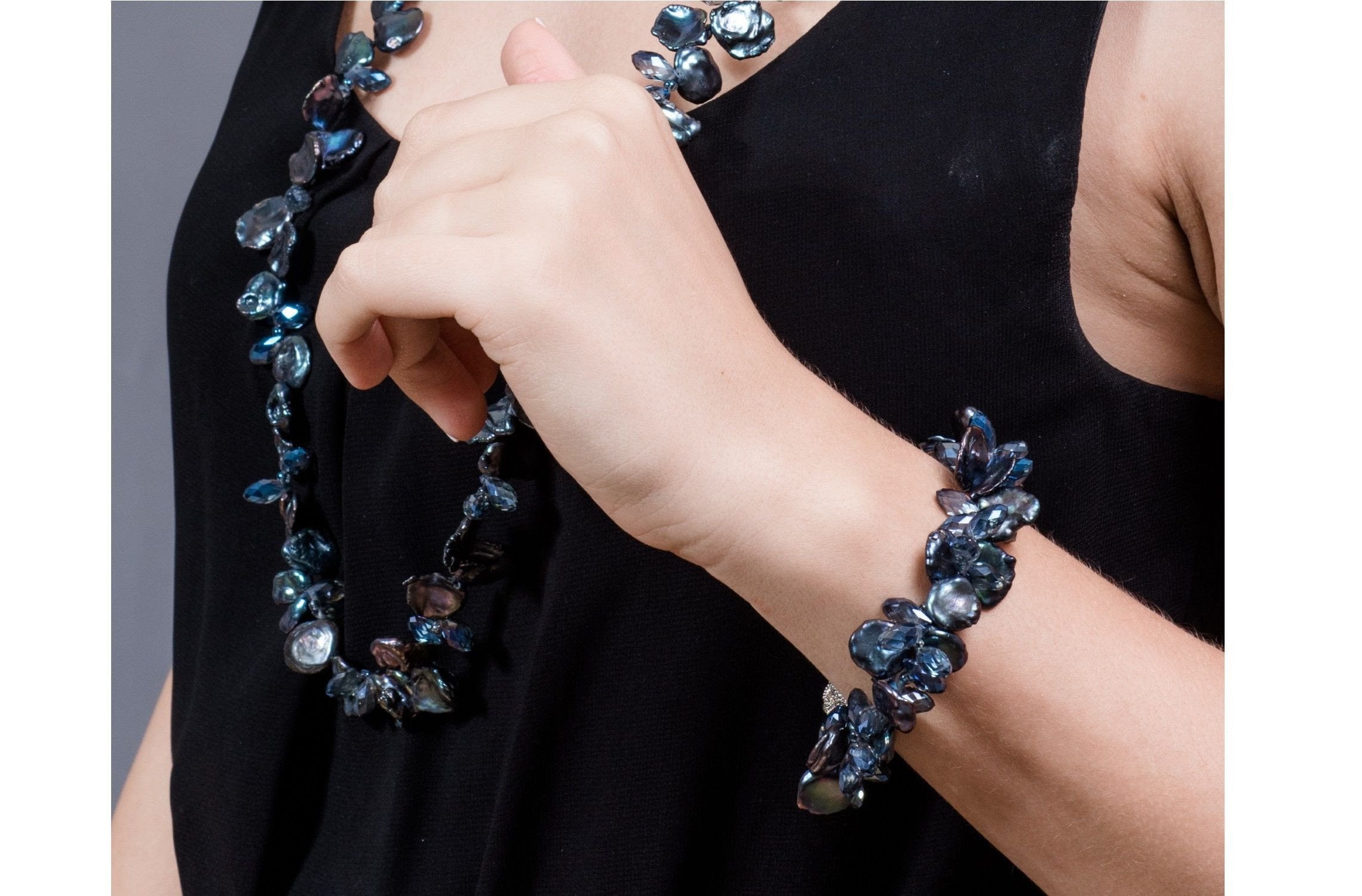 Blue Freshwater Keshi Pearl and Crystal Long Necklace and Bracelet Set-Pearl Rack