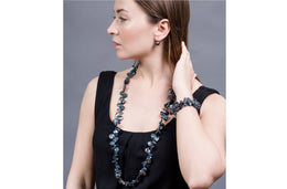 Blue Freshwater Keshi Pearl and Crystal Long Necklace and Bracelet Set-Pearl Rack