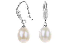 Rice Shape White Cultured Freshwater Pearl Dangle Drop Earring with Sterling Silver 9mm-Pearl Rack