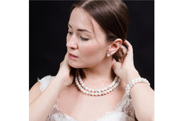 White Double Strand Layer Freshwater Round Pearl Necklace and Bracelet Set with Crystal Ball 10mm-Pearl Rack